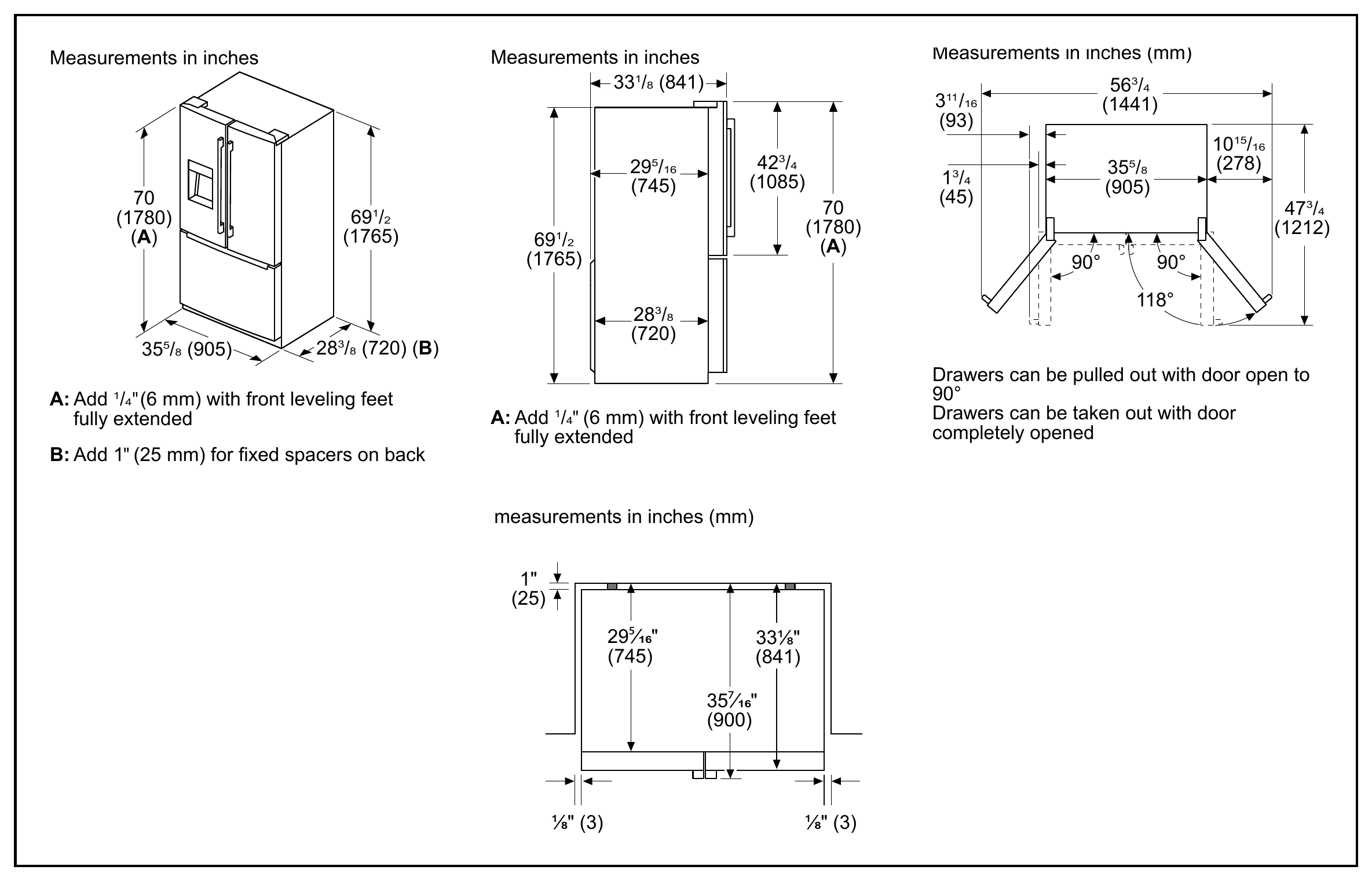 Bosch B36FD31ENS dimension drawing with measurements in inches and millimeters