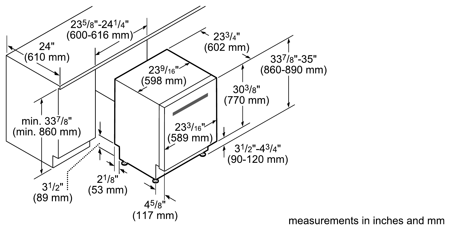 Thermador DWHD640EFM dimension drawing with measurements in inches and millimeters