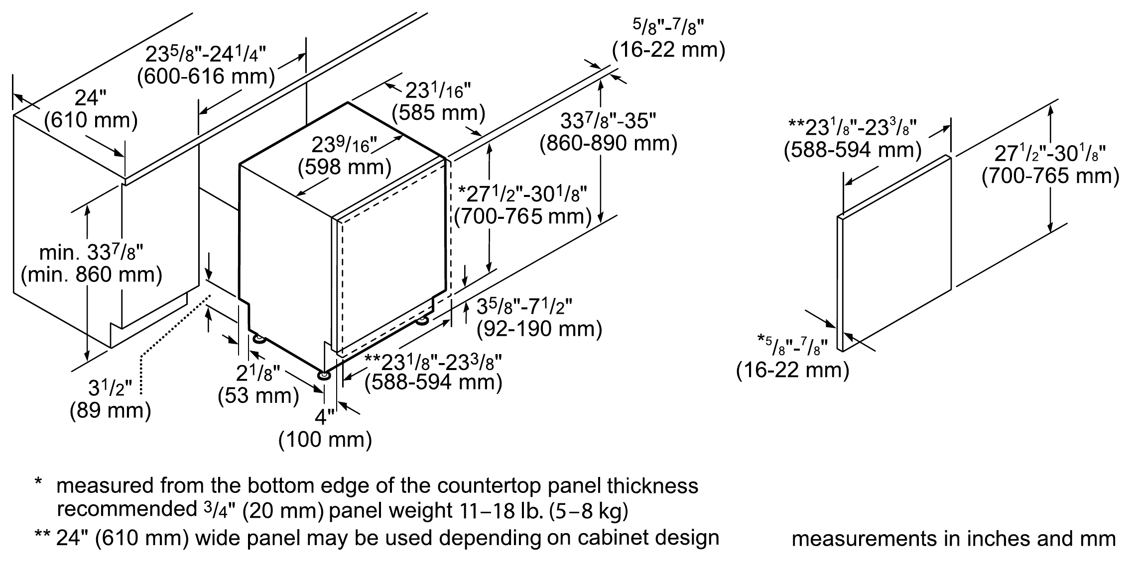Thermador DWHD661EPR dimension drawing with measurements in inches and millimeters