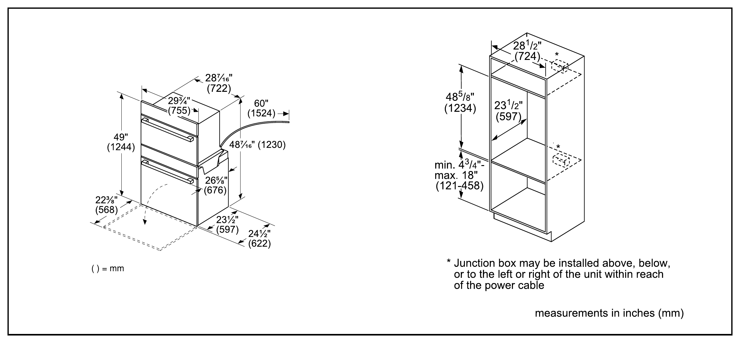 Bosch HBLP752UC dimension drawing with measurements in inches and millimeters