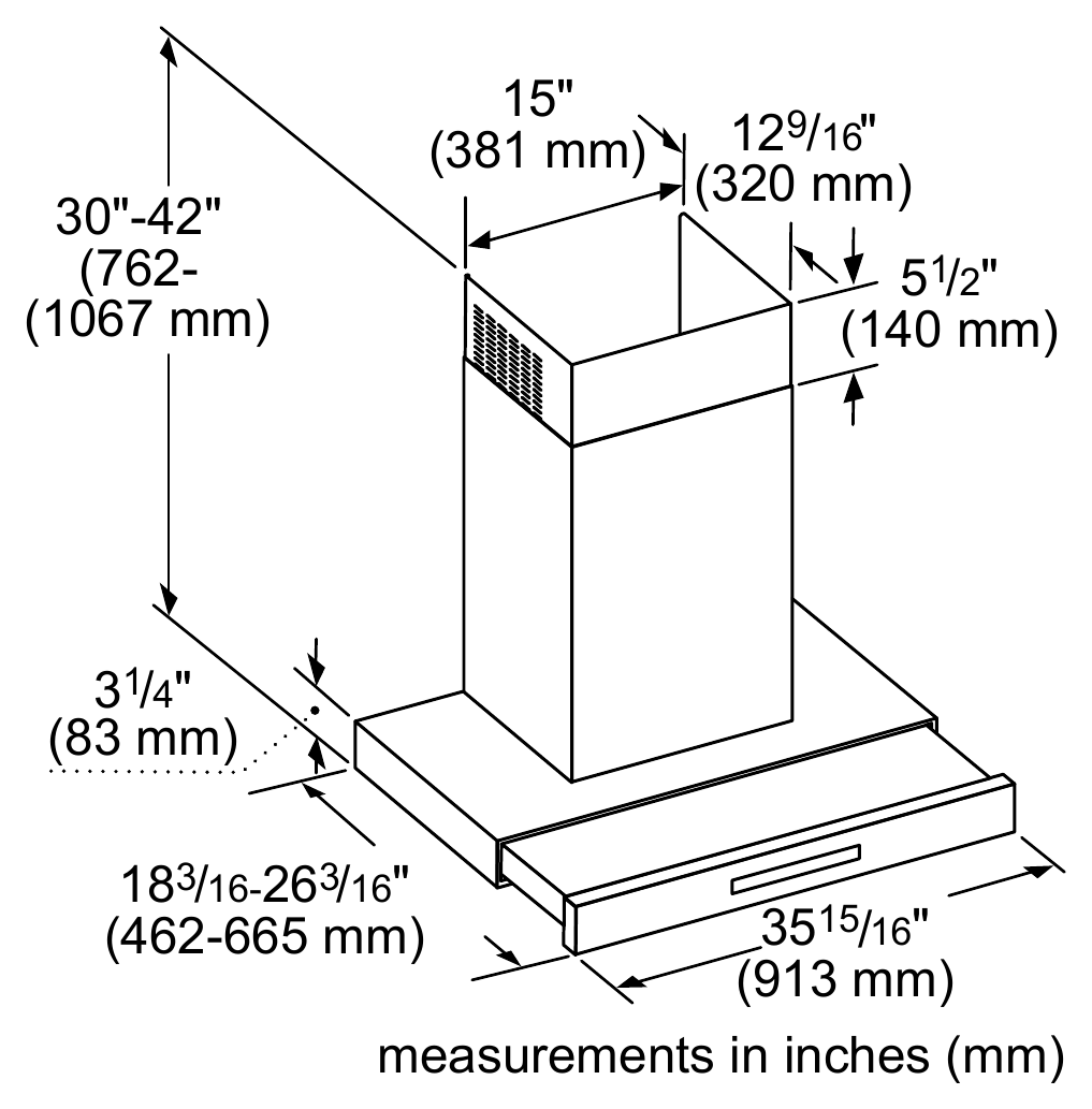 Thermador HDDB36WS dimension drawing with measurements in inches and millimeters