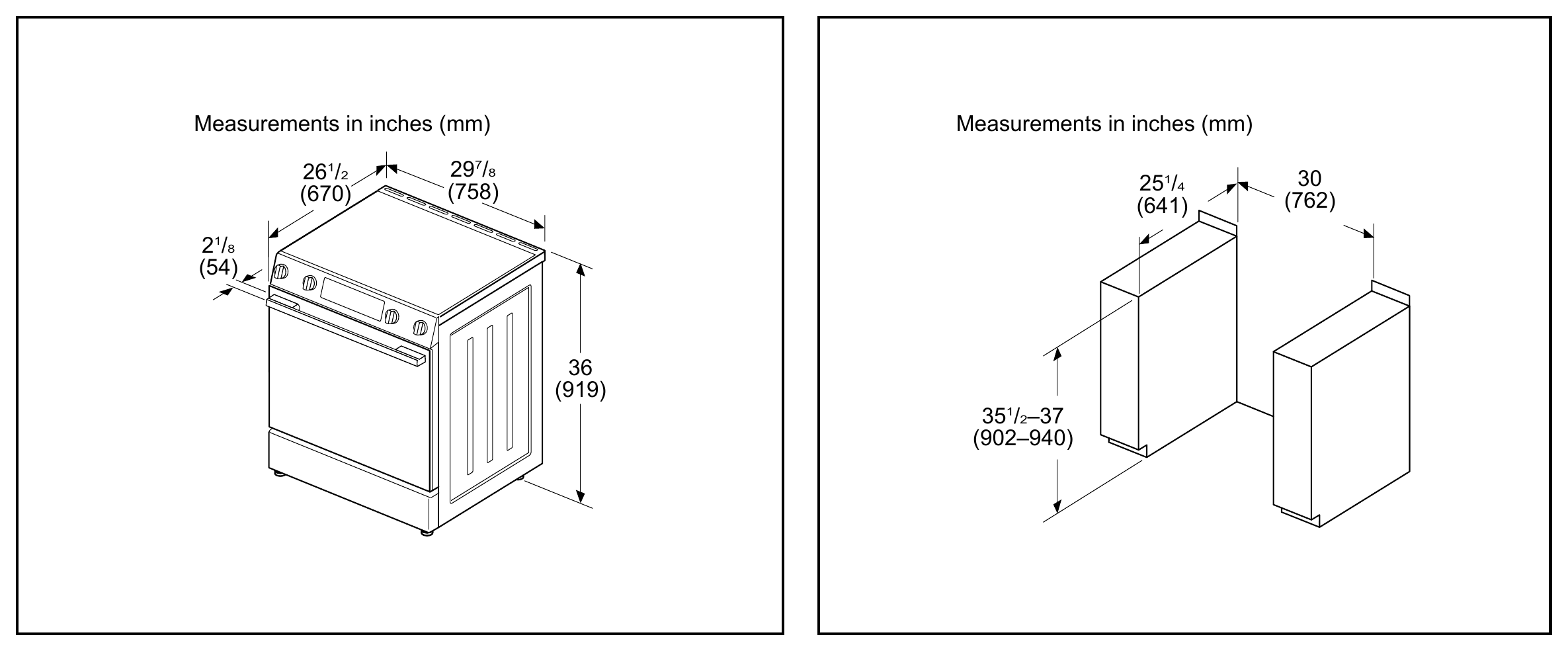 Bosch HEF1050MU dimension drawing with measurements in inches and millimeters