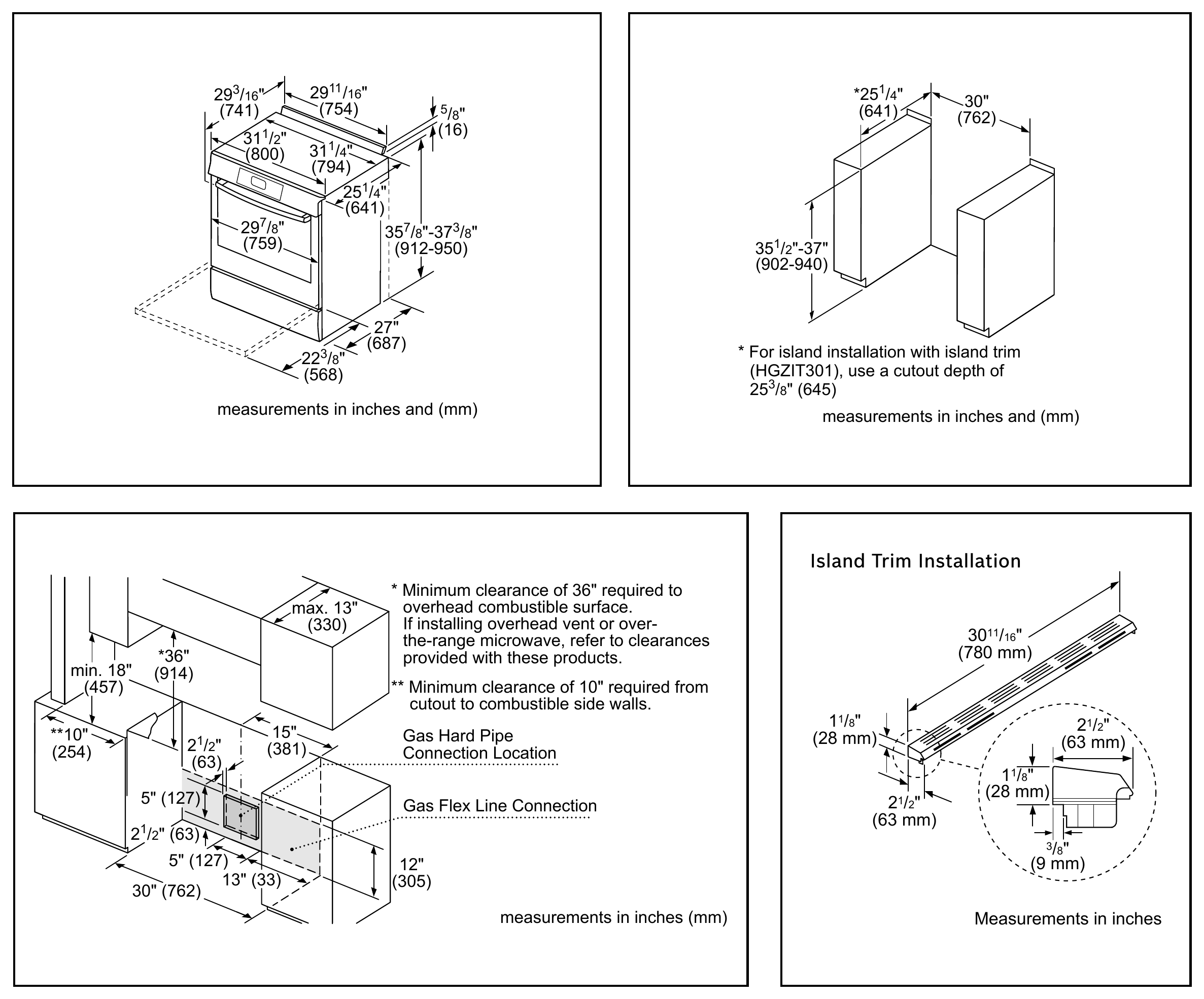 Bosch HGI8056UC dimension drawing with measurements in inches and millimeters