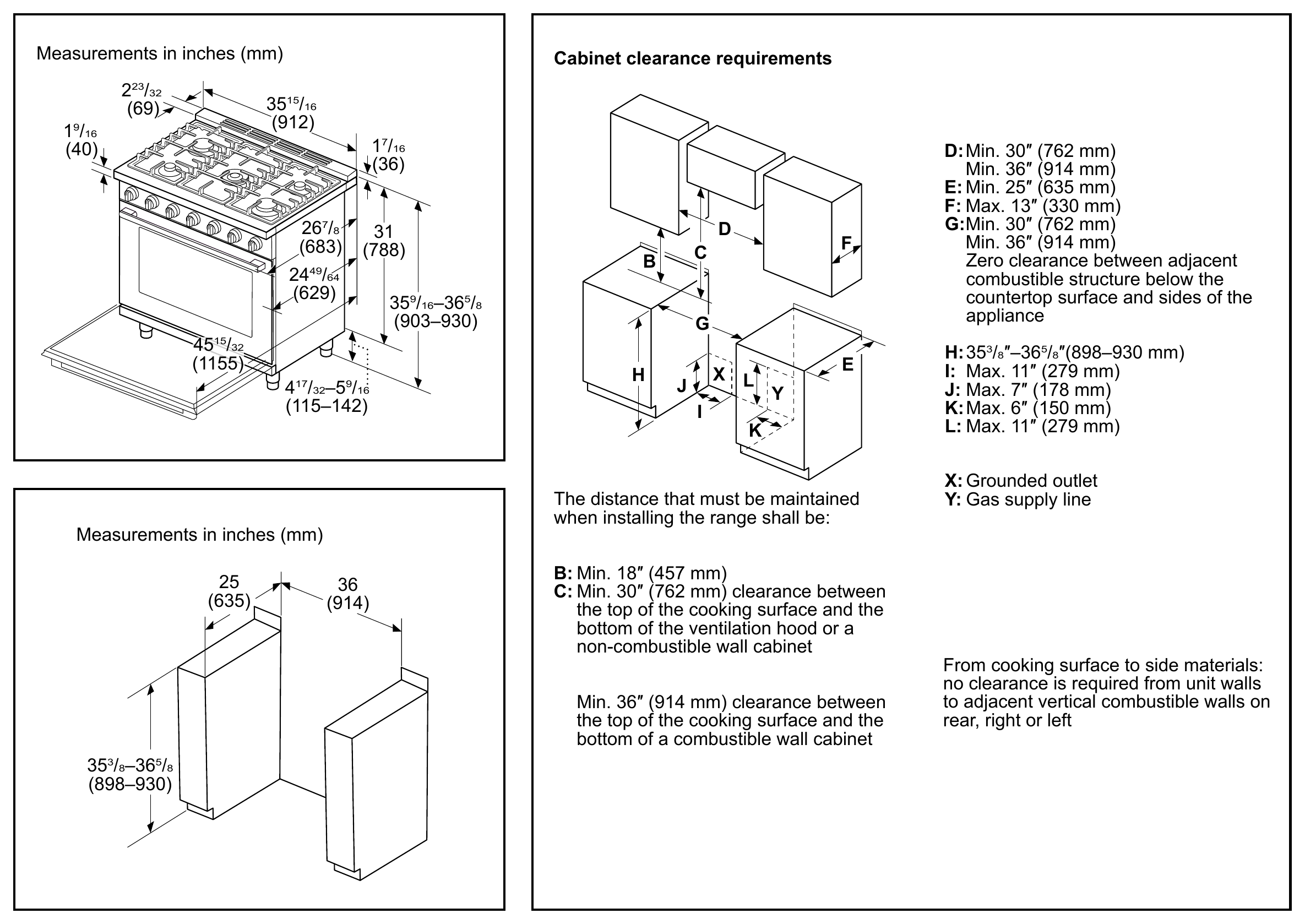 Bosch HGS5657UC dimension drawing with measurements in inches and millimeters