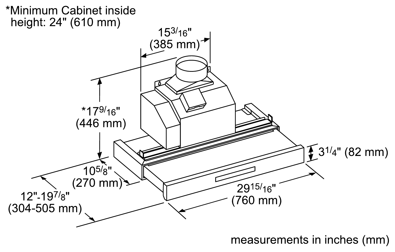 Thermador HMDW30WS dimension drawing with measurements in inches and millimeters