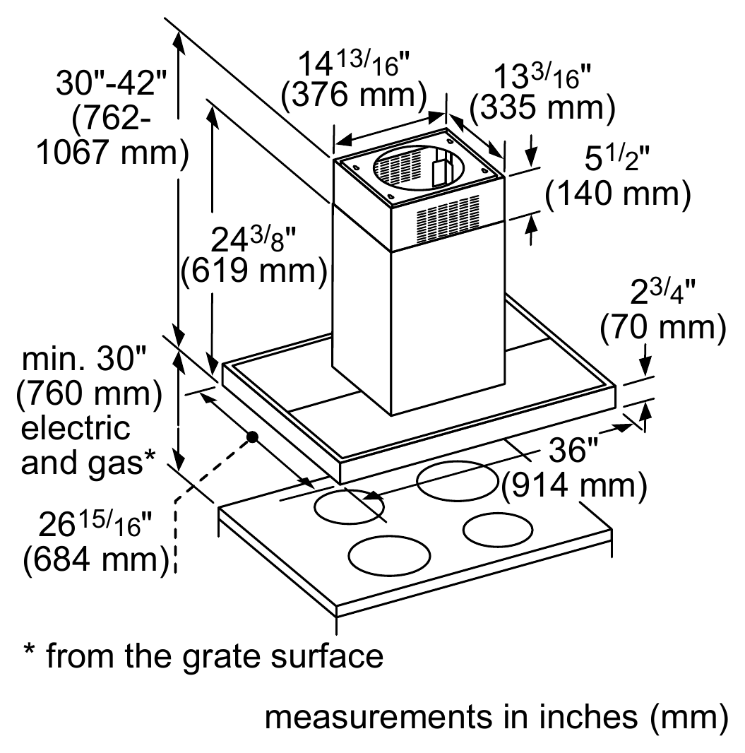 Thermador HMIB36WS dimension drawing with measurements in inches and millimeters