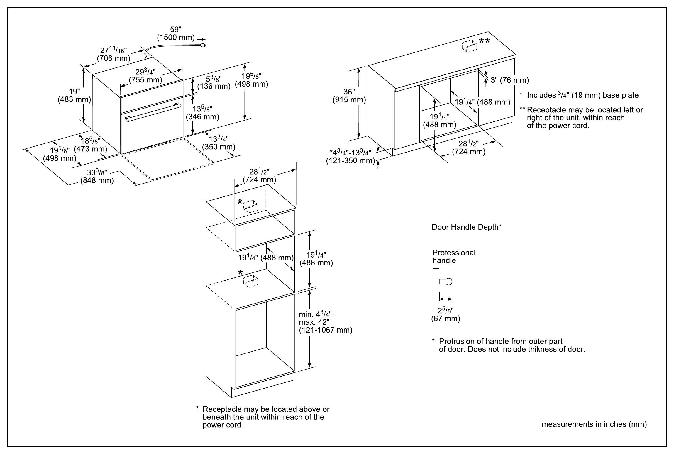 Thermador MB30WP dimension drawing with measurements in inches and millimeters