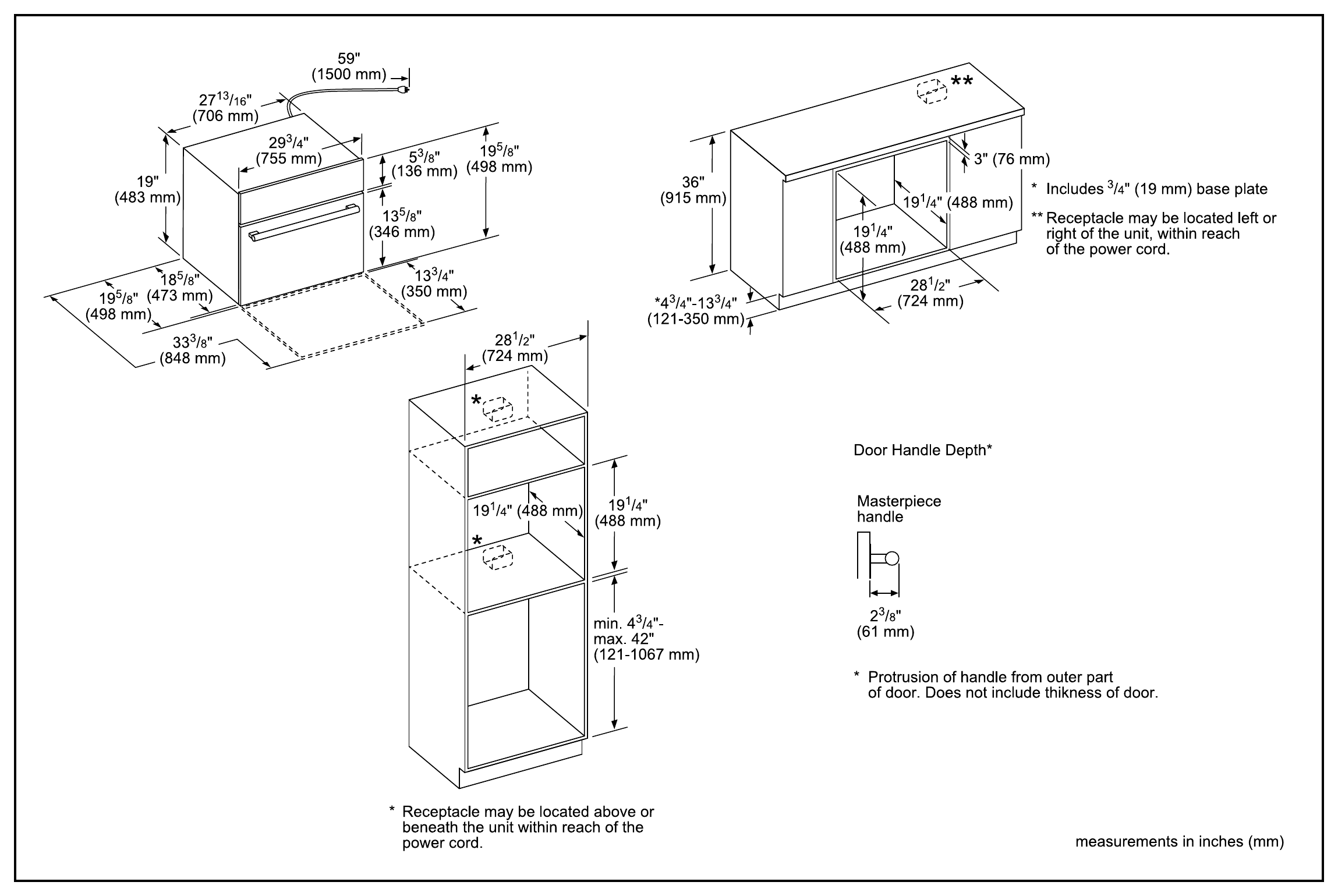 Thermador MB30WS dimension drawing with measurements in inches and millimeters