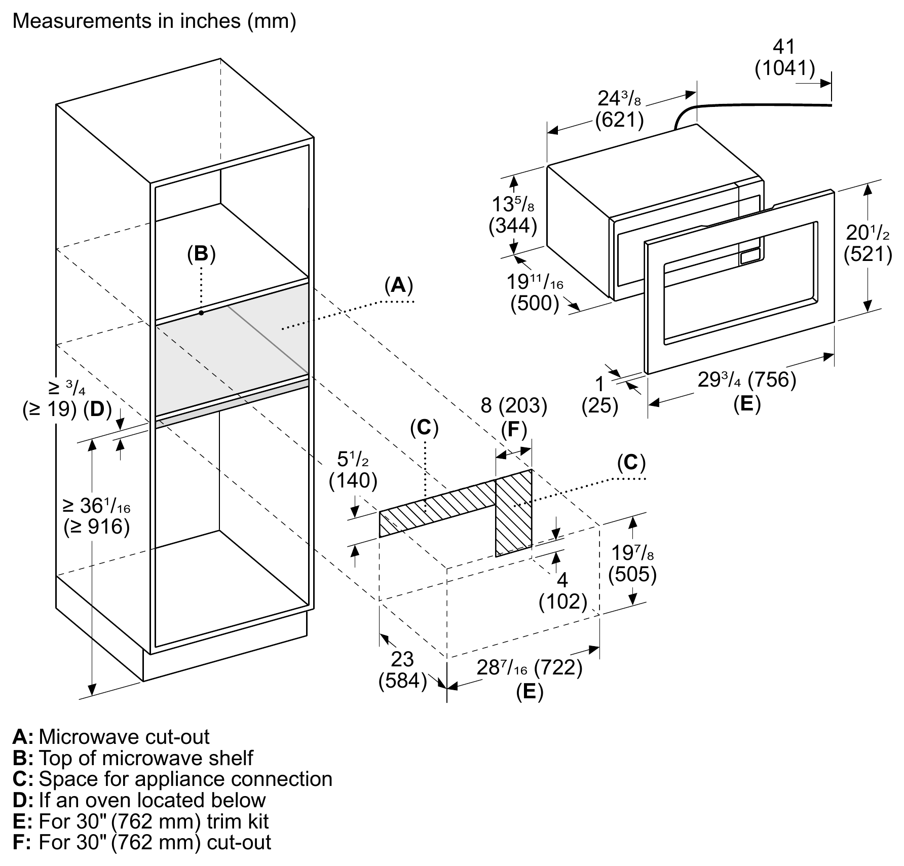 Thermador MBCS dimension drawing with measurements in inches and millimeters