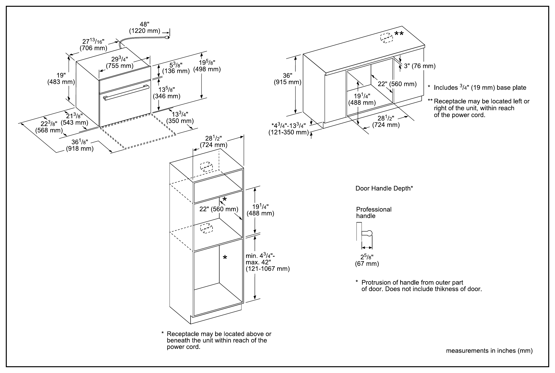 Thermador MC30WP dimension drawing with measurements in inches and millimeters