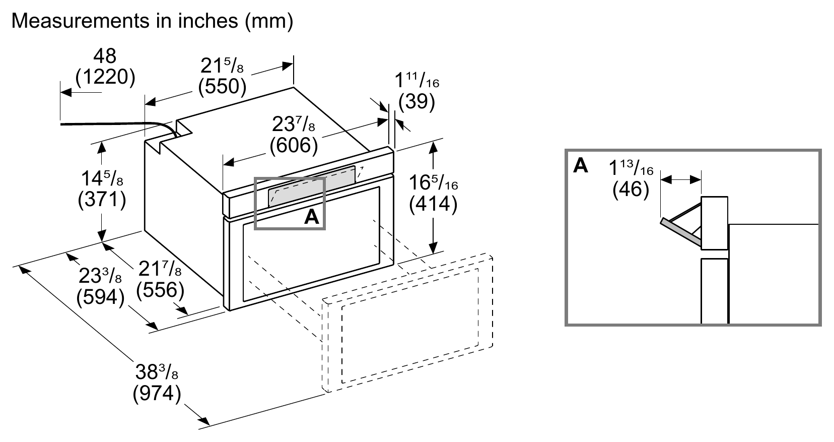Thermador MD24BS dimension drawing with measurements in inches and millimeters