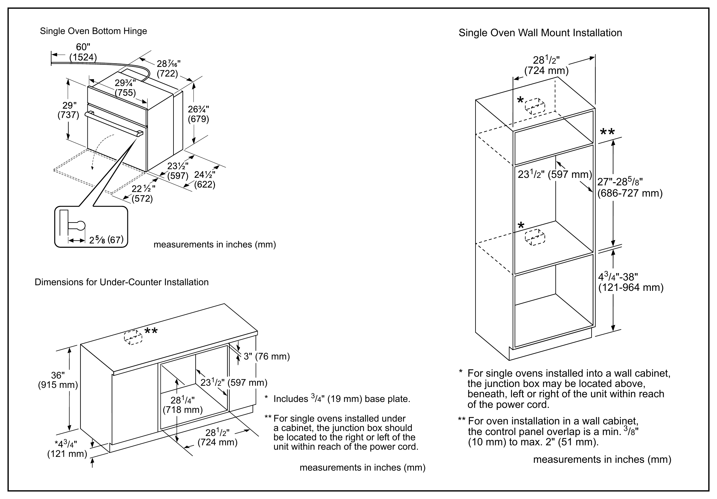 Thermador ME301YP dimension drawing with measurements in inches and millimeters
