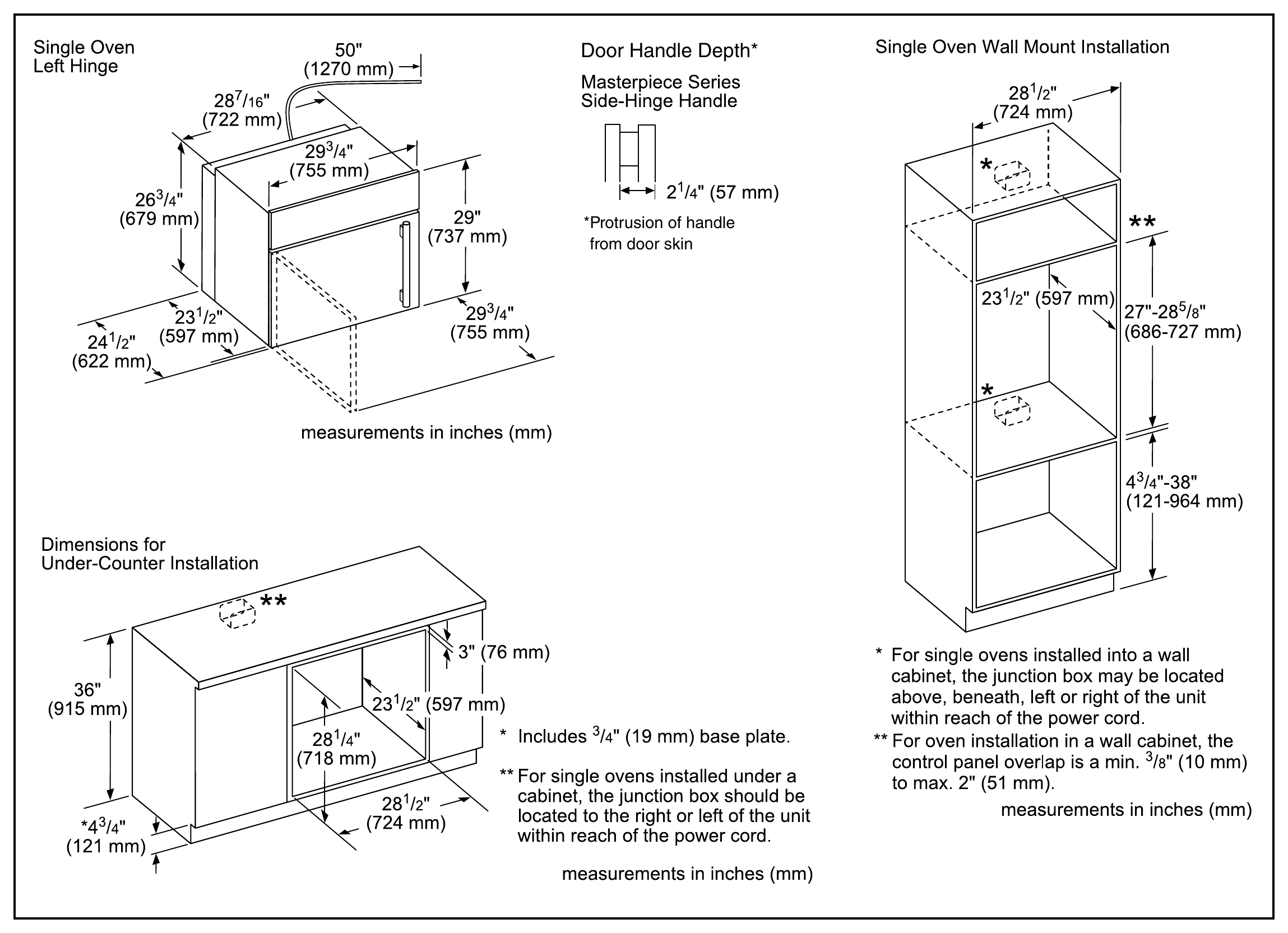 Thermador MED301LWS dimension drawing with measurements in inches and millimeters