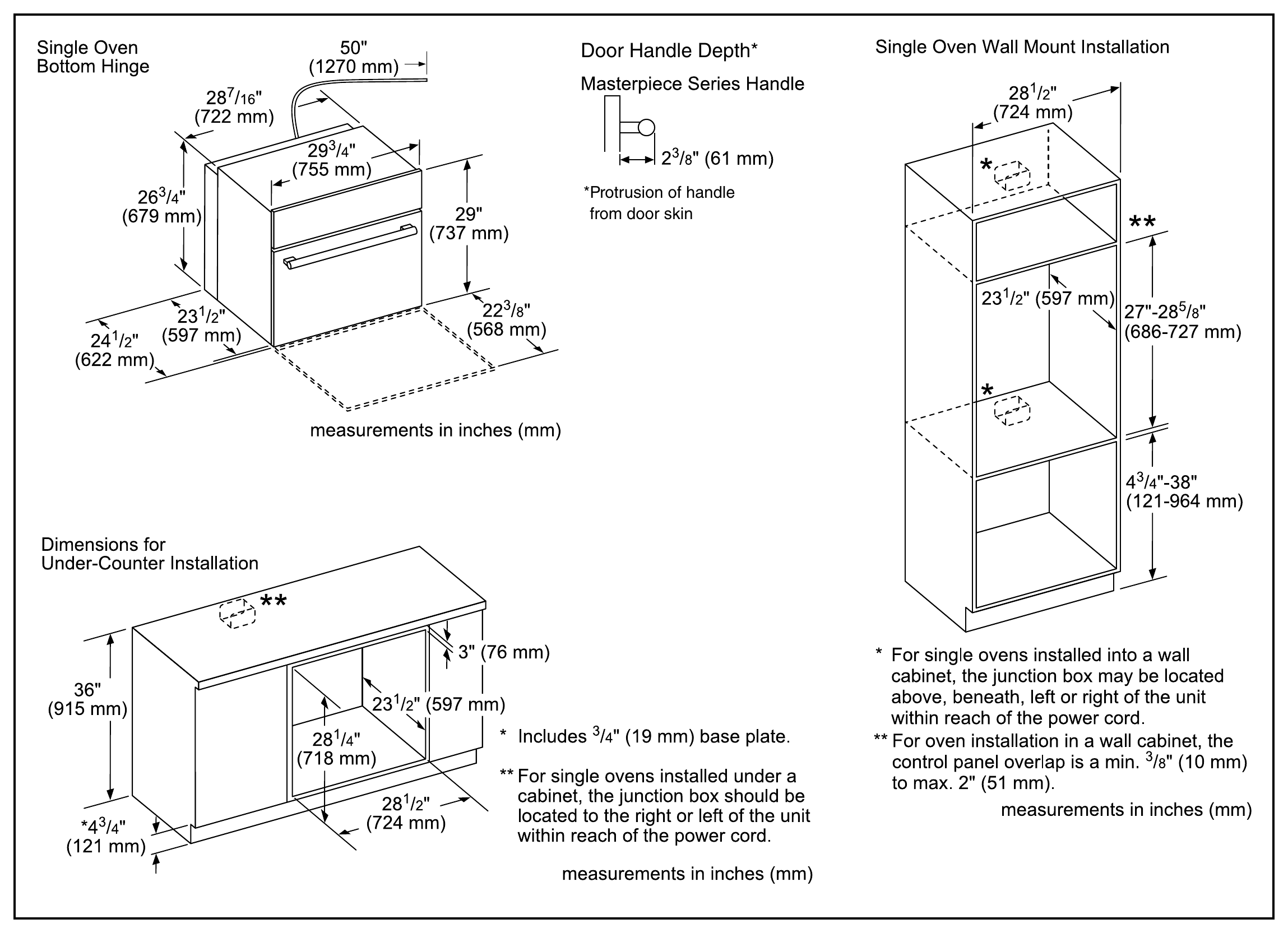 Thermador MED301WS dimension drawing with measurements in inches and millimeters
