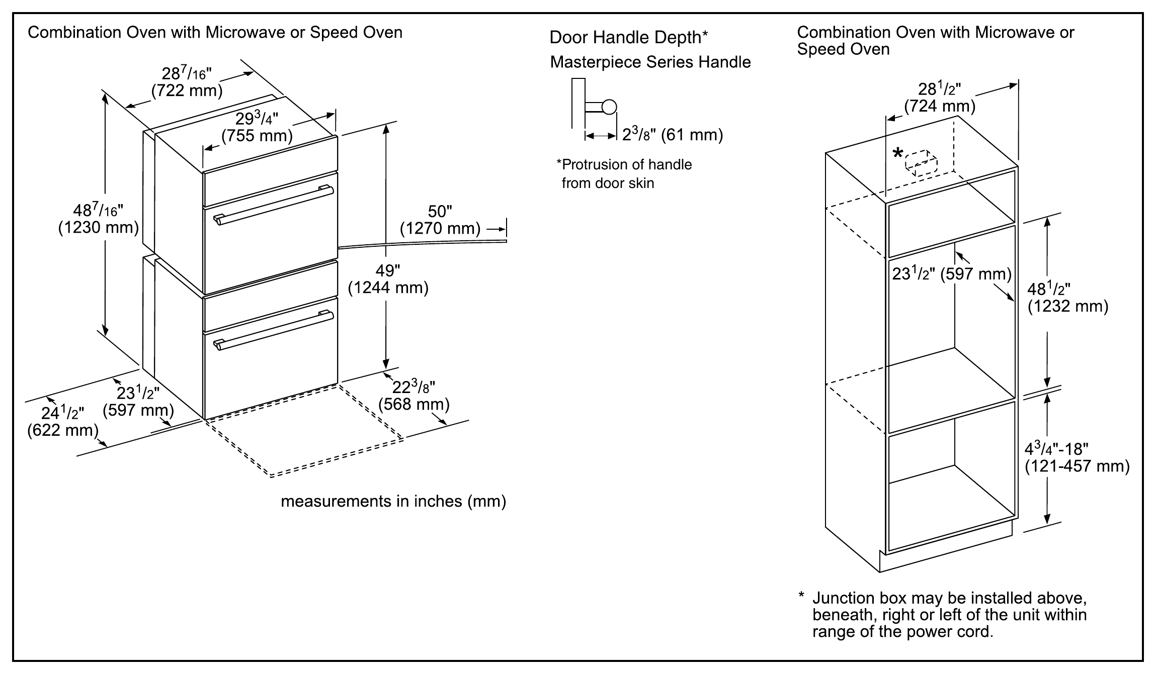Thermador MEM301WS dimension drawing with measurements in inches and millimeters