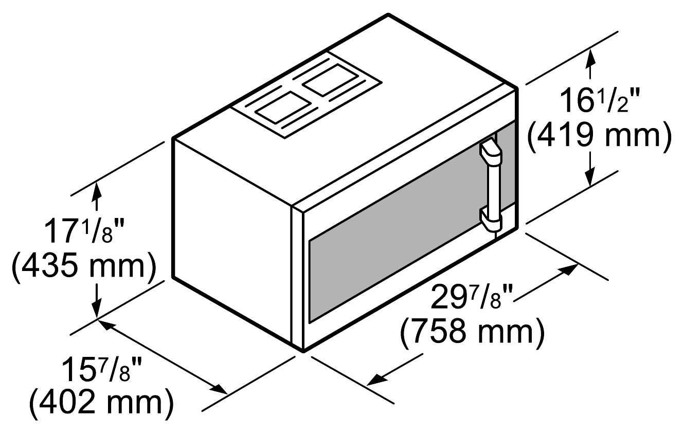 Thermador MU30WSU dimension drawing with measurements in inches and millimeters