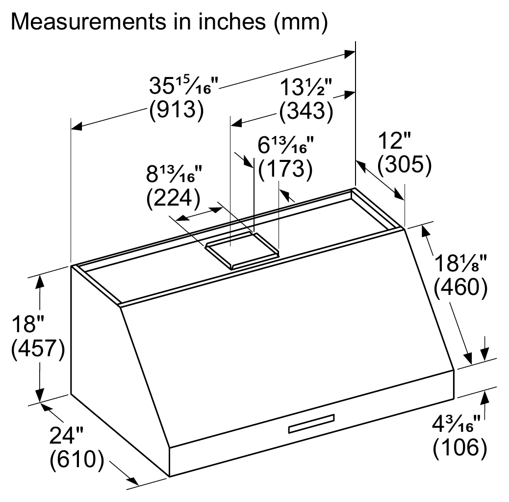 Thermador PH36HWS dimension drawing with measurements in inches and millimeters