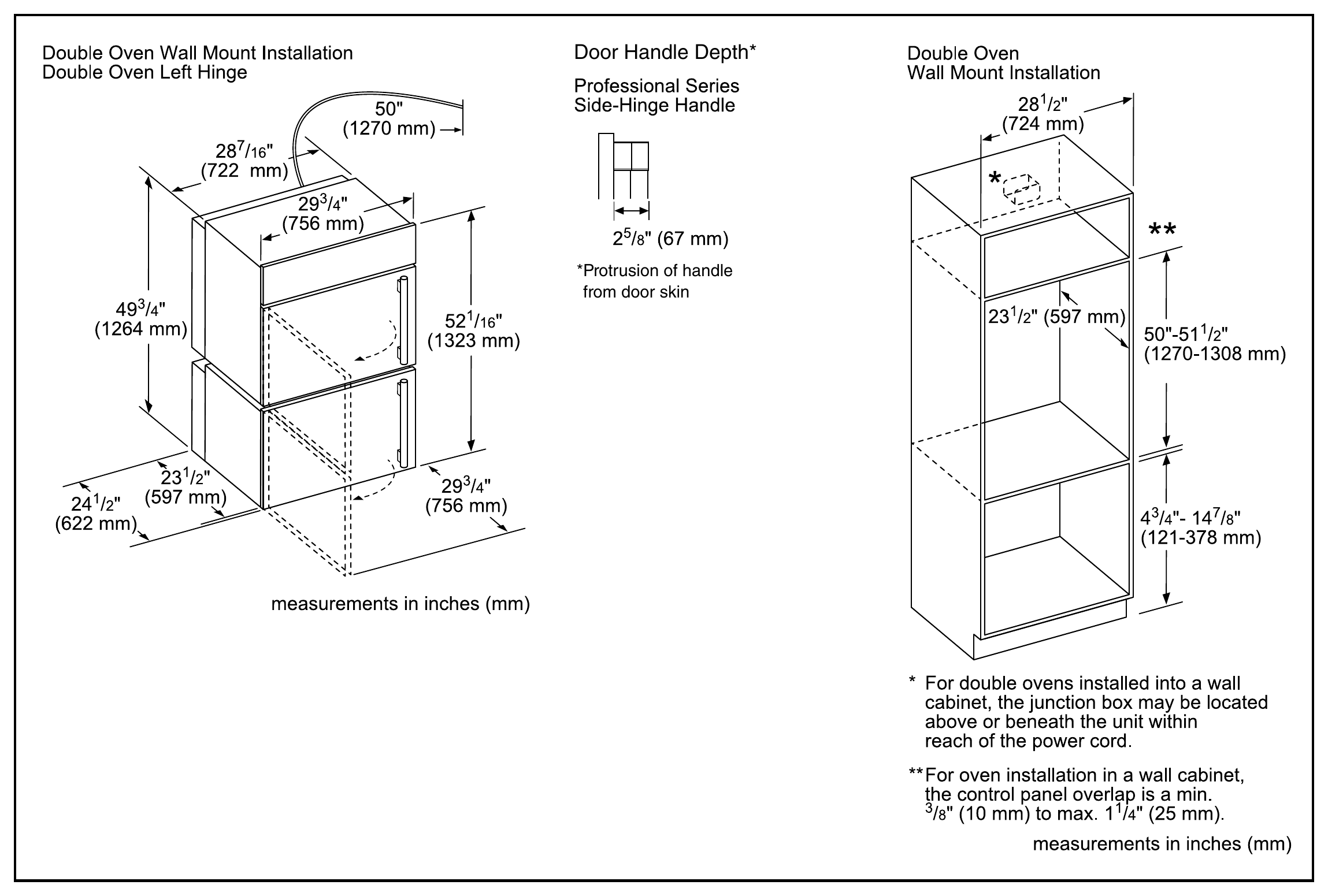 Thermador POD302LW dimension drawing with measurements in inches and millimeters