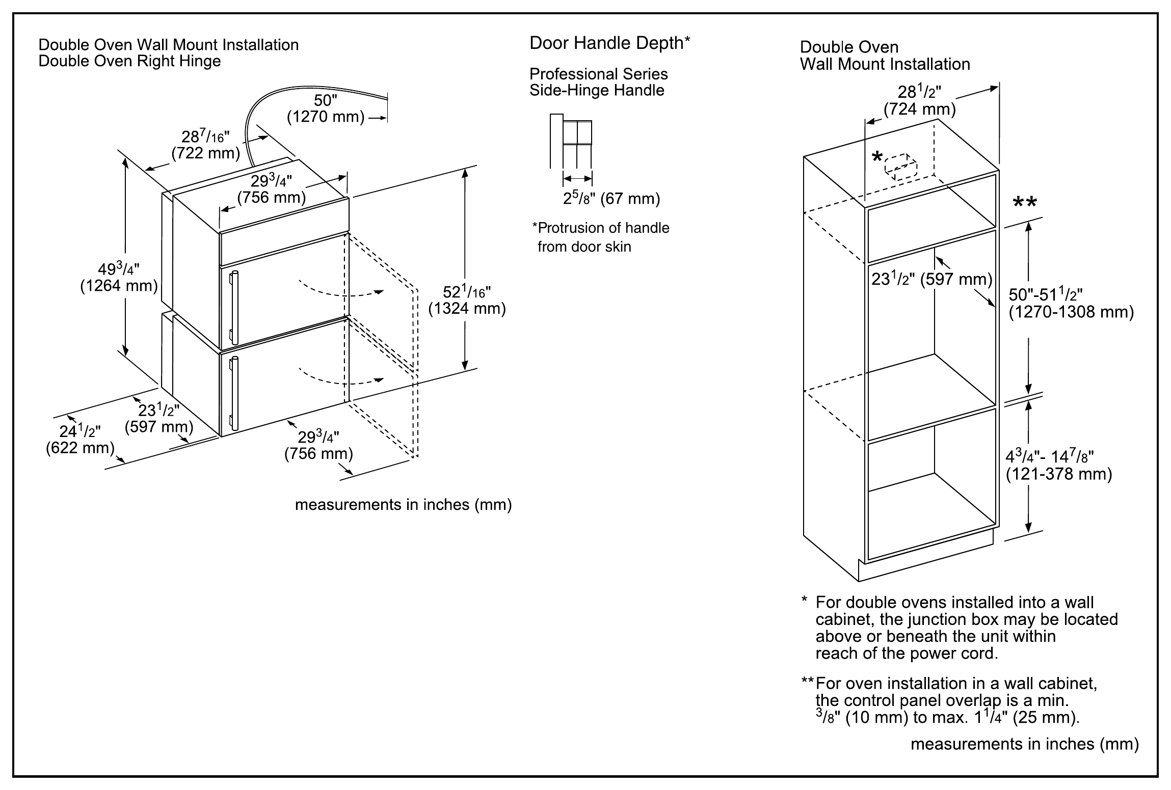 Thermador POD302RW dimension drawing with measurements in inches and millimeters