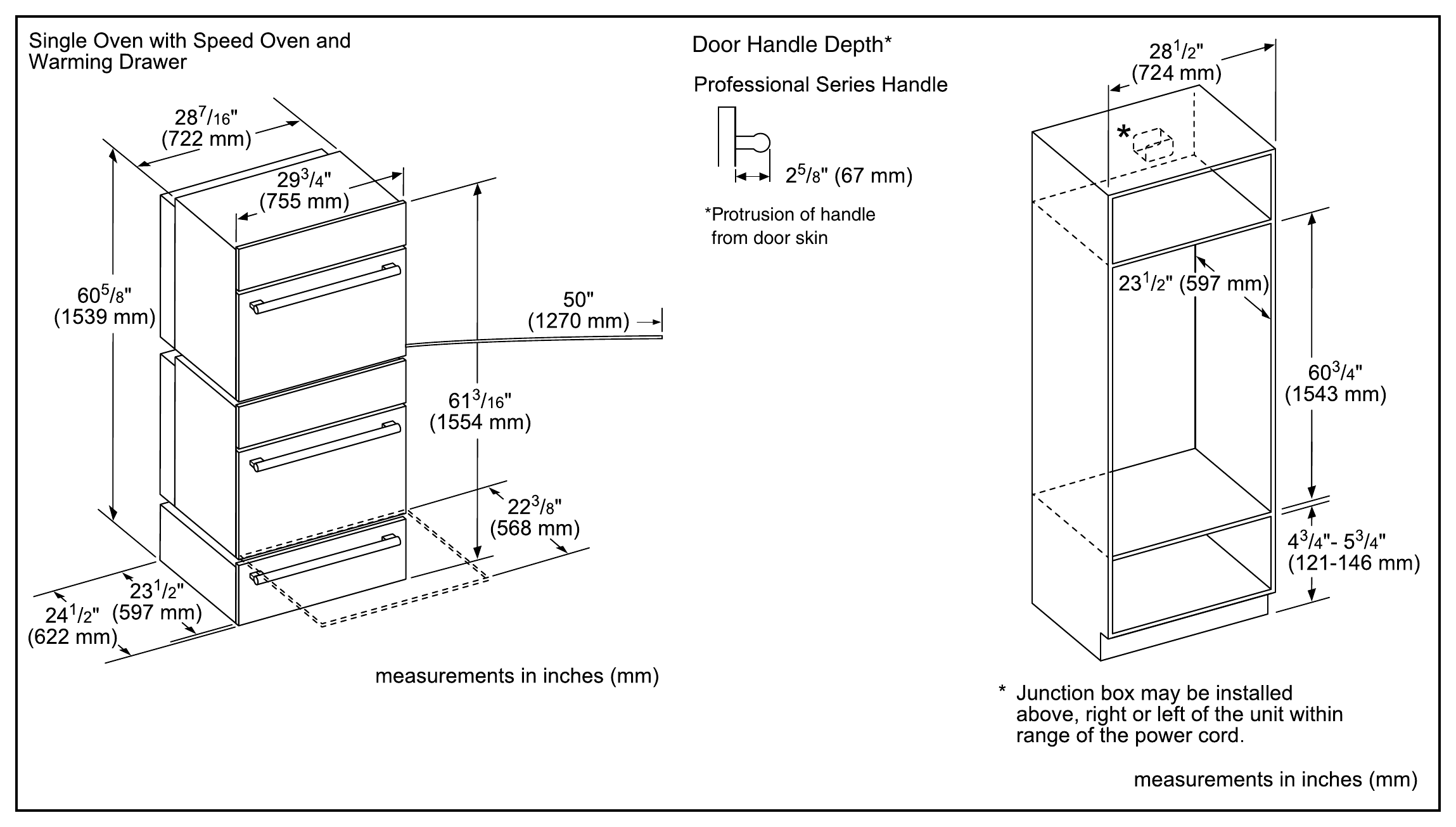 Thermador PODMCW31W dimension drawing with measurements in inches and millimeters