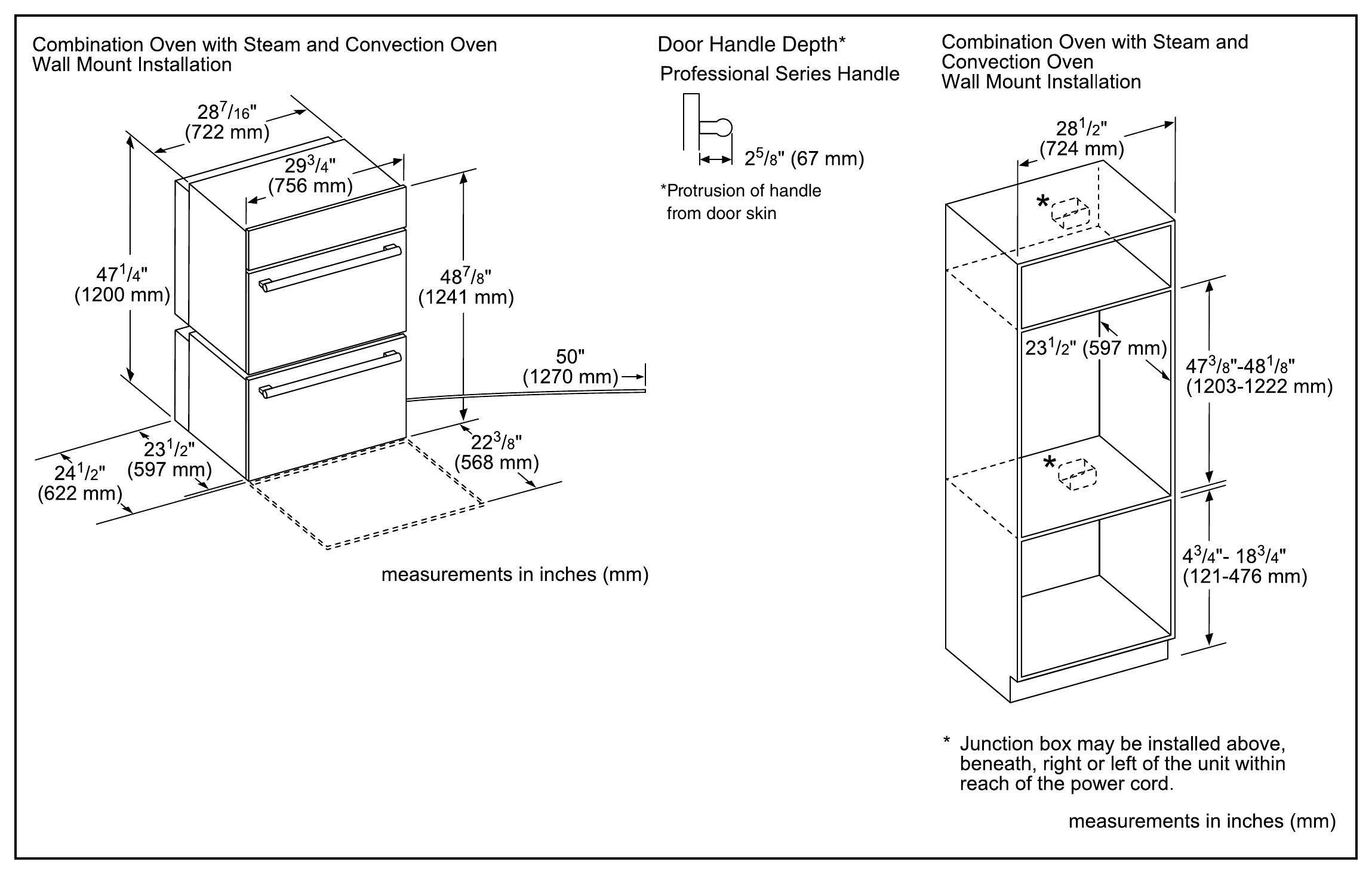Thermador PODS302B dimension drawing with measurements in inches and millimeters