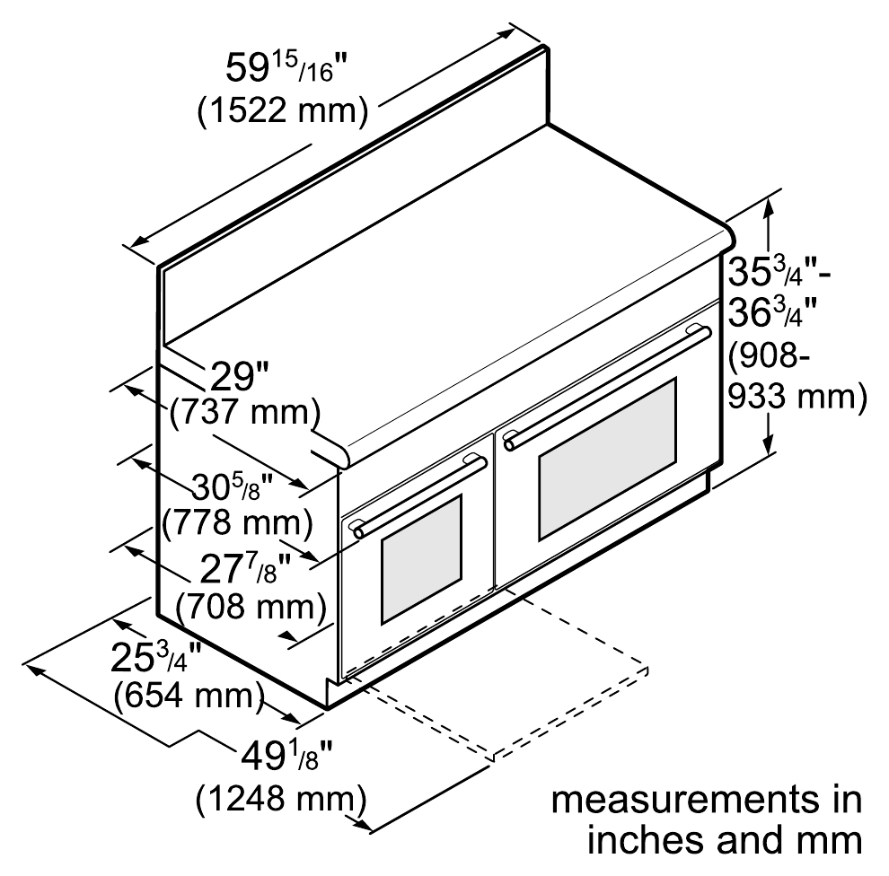 Thermador PRD606WEG dimension drawing with measurements in inches and millimeters
