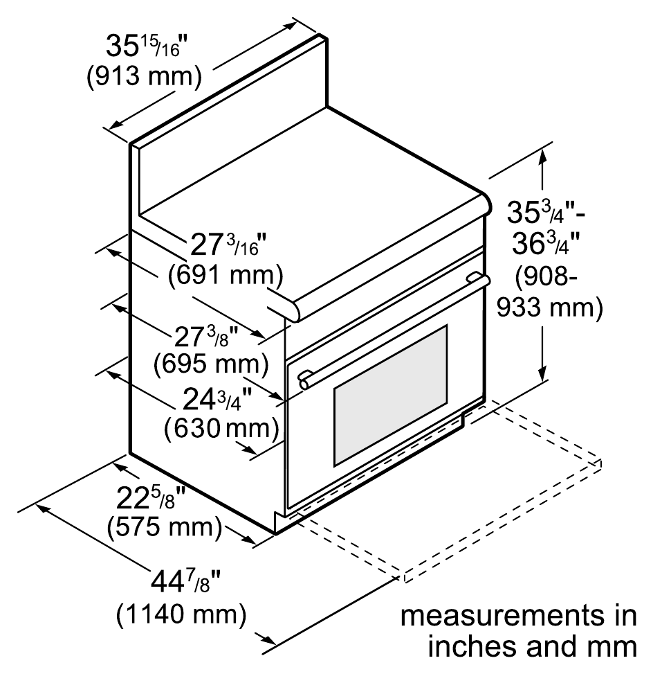 Thermador PRG364WDH dimension drawing with measurements in inches and millimeters