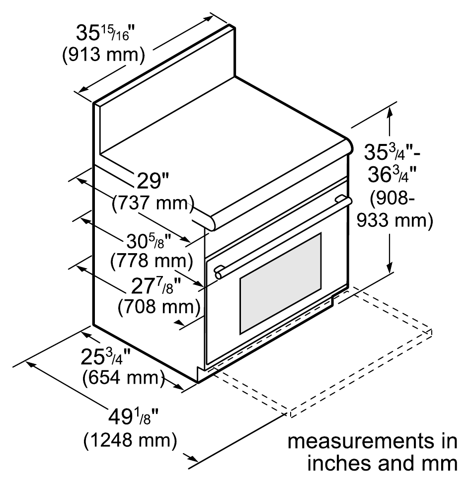 Thermador PRG366WG dimension drawing with measurements in inches and millimeters