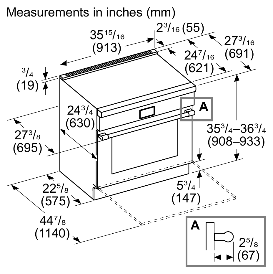 Thermador PRI36LBHU dimension drawing with measurements in inches and millimeters