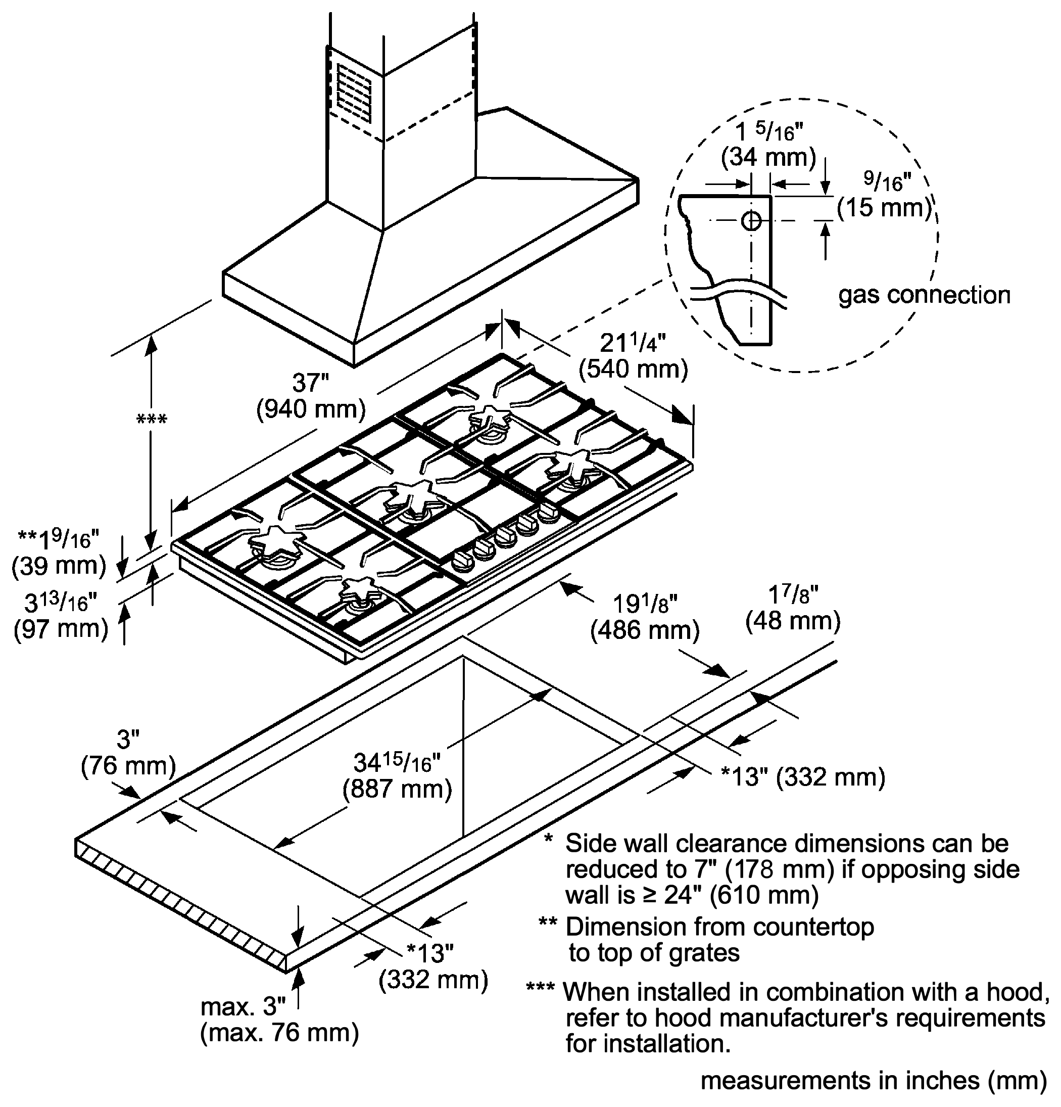 Thermador SGS365TS dimension drawing with measurements in inches and millimeters