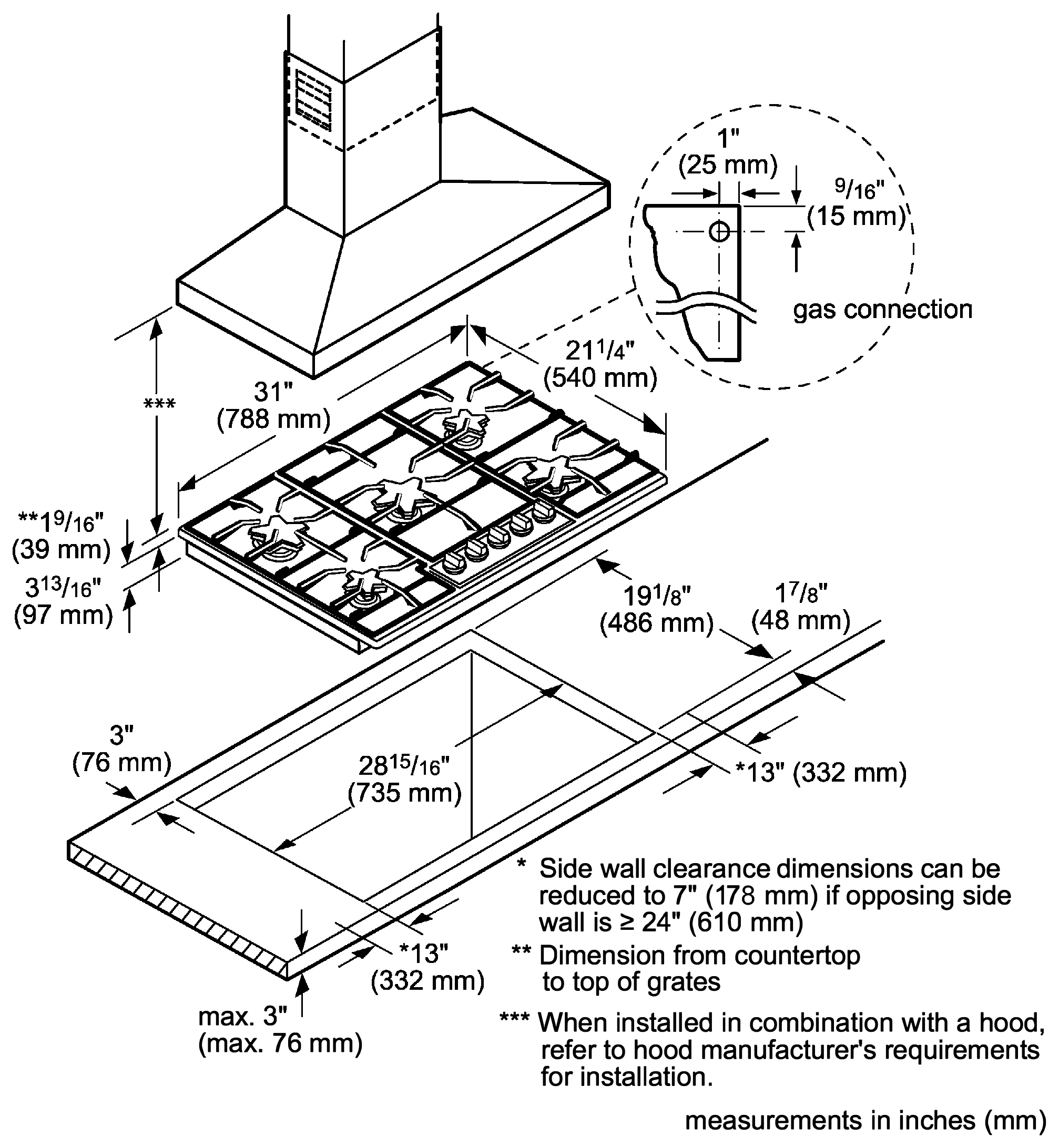 Thermador SGSX305TS dimension drawing with measurements in inches and millimeters