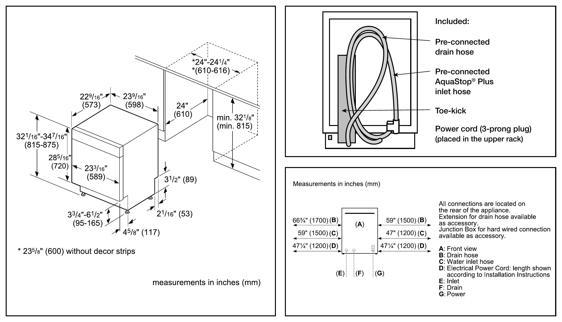 Bosch SGX78C55UC dimension drawing with measurements in inches and millimeters