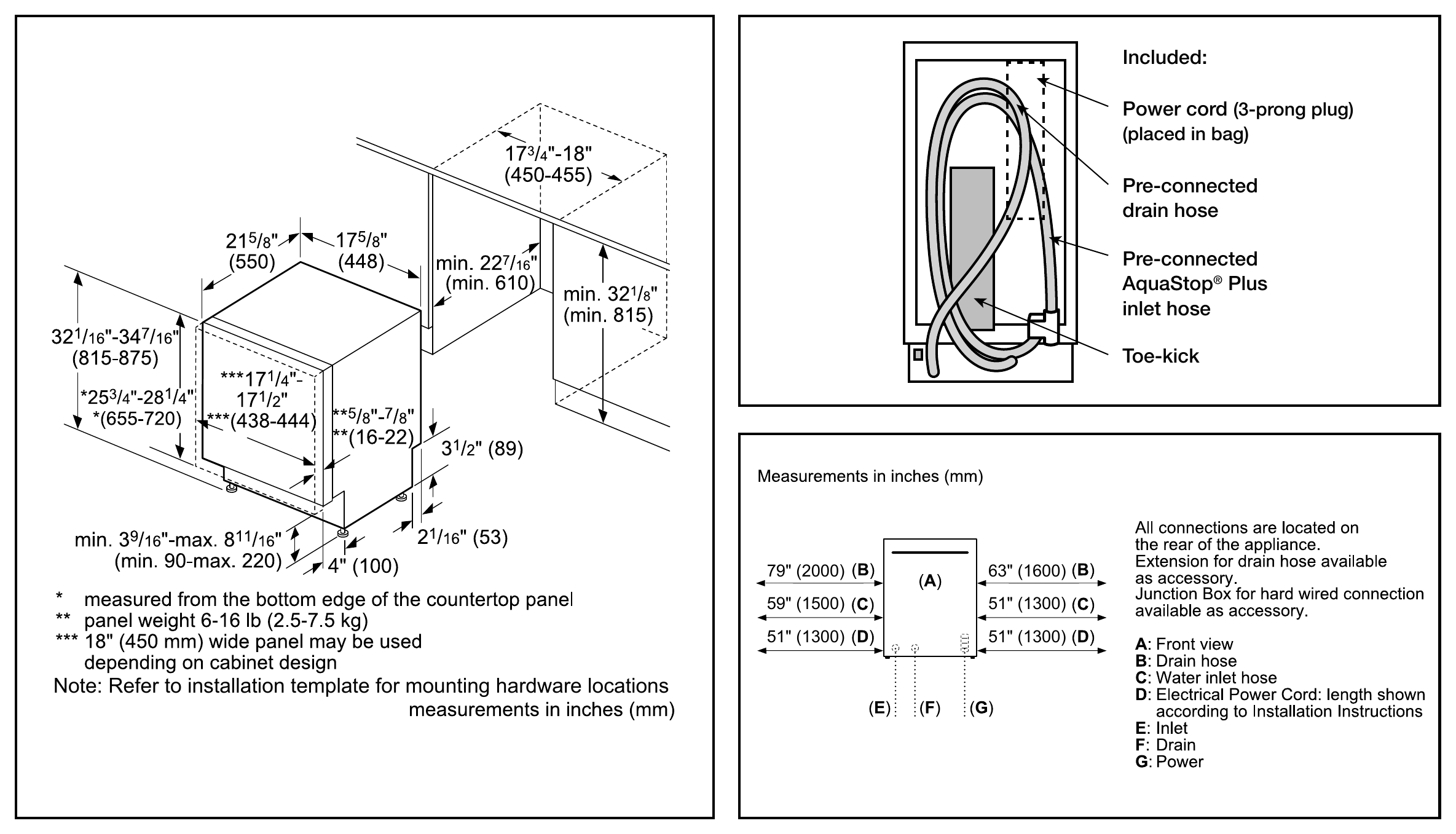 Bosch SPV68C73UC dimension drawing with measurements in inches and millimeters
