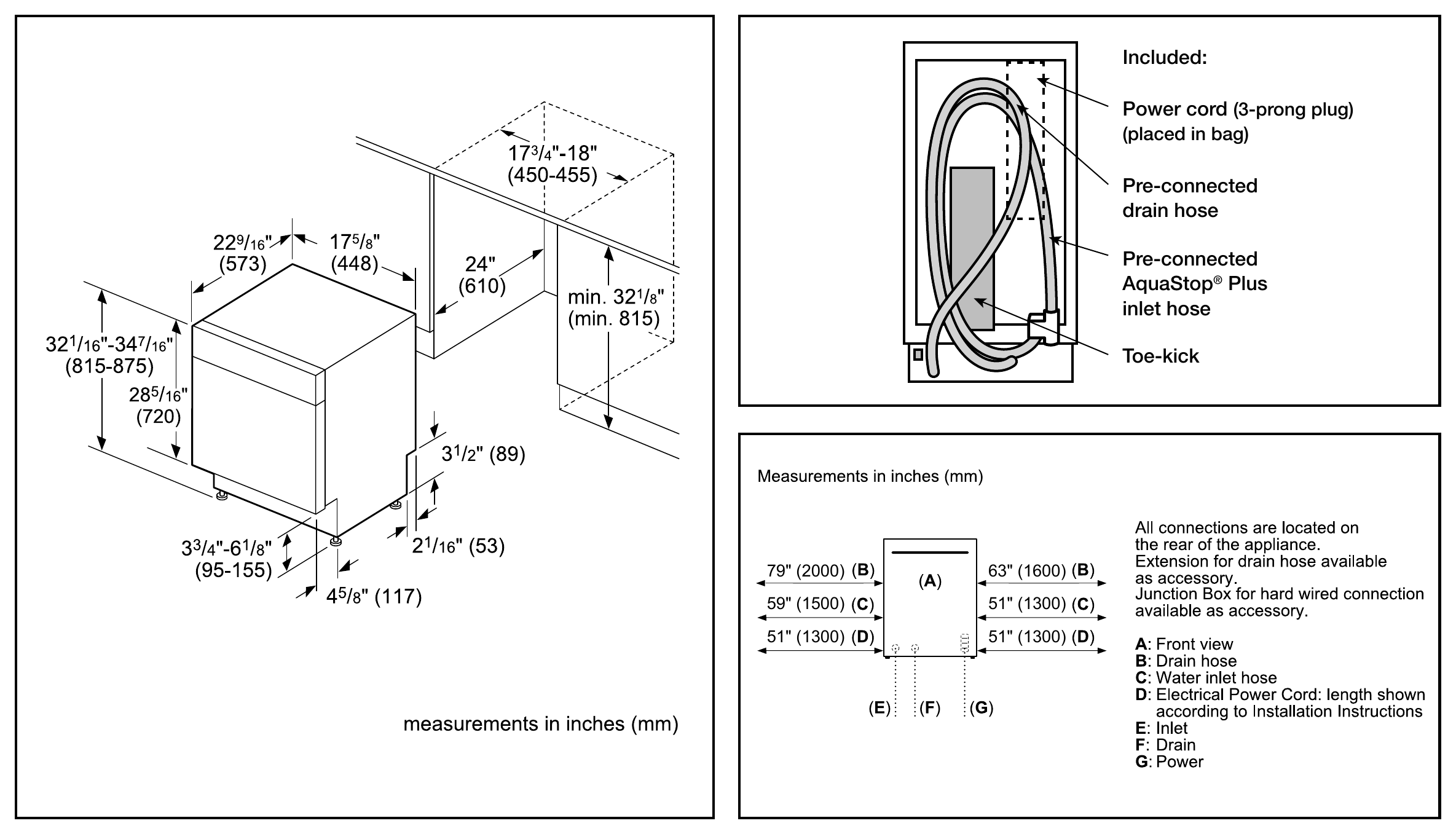Bosch SPX68C75UC dimension drawing with measurements in inches and millimeters