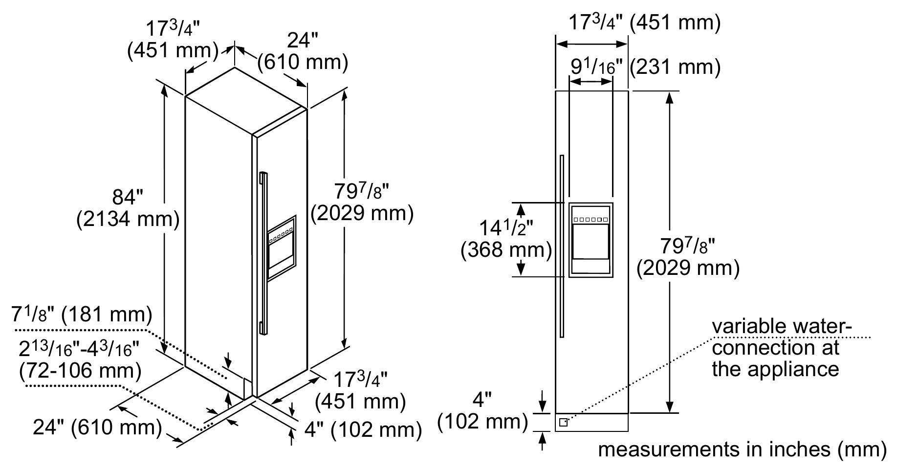 Thermador T18ID905RP dimension drawing with measurements in inches and millimeters