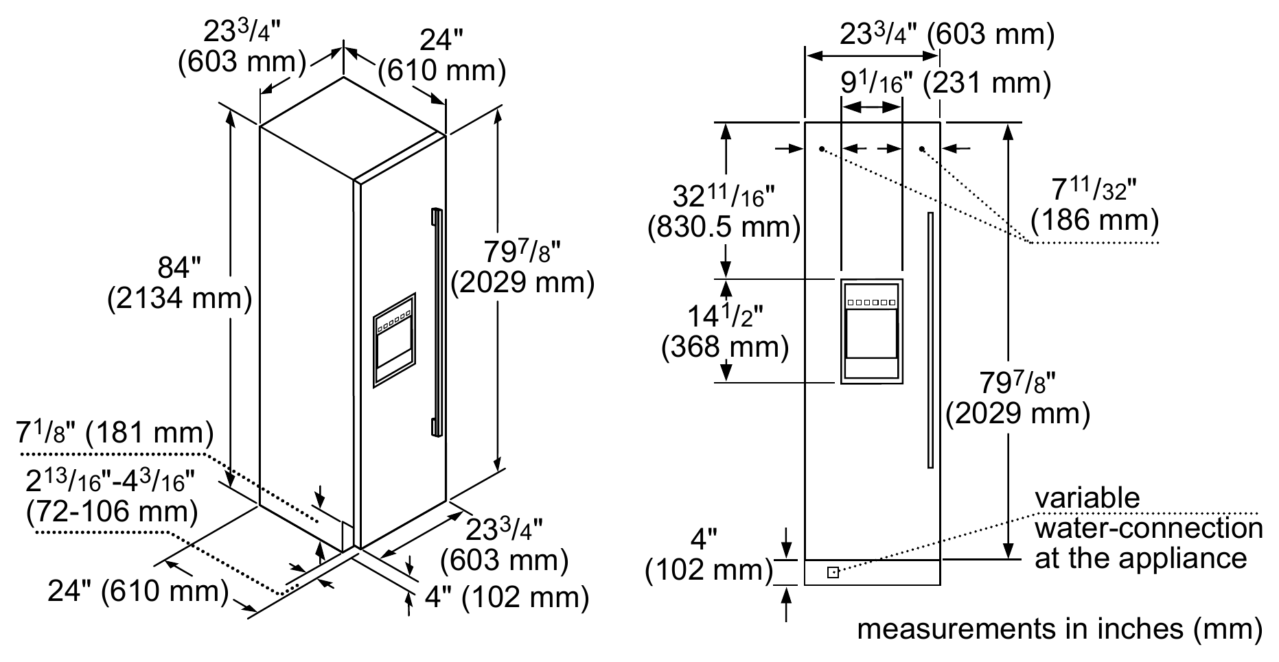 Thermador T24ID905LP dimension drawing with measurements in inches and millimeters