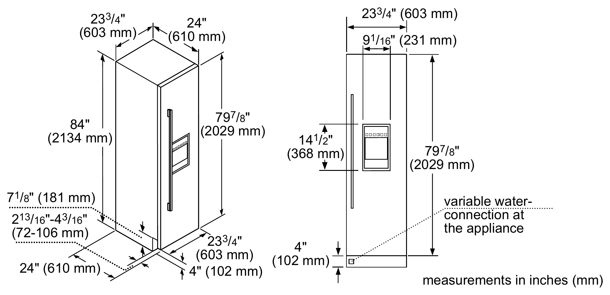 Thermador T24ID905RP dimension drawing with measurements in inches and millimeters