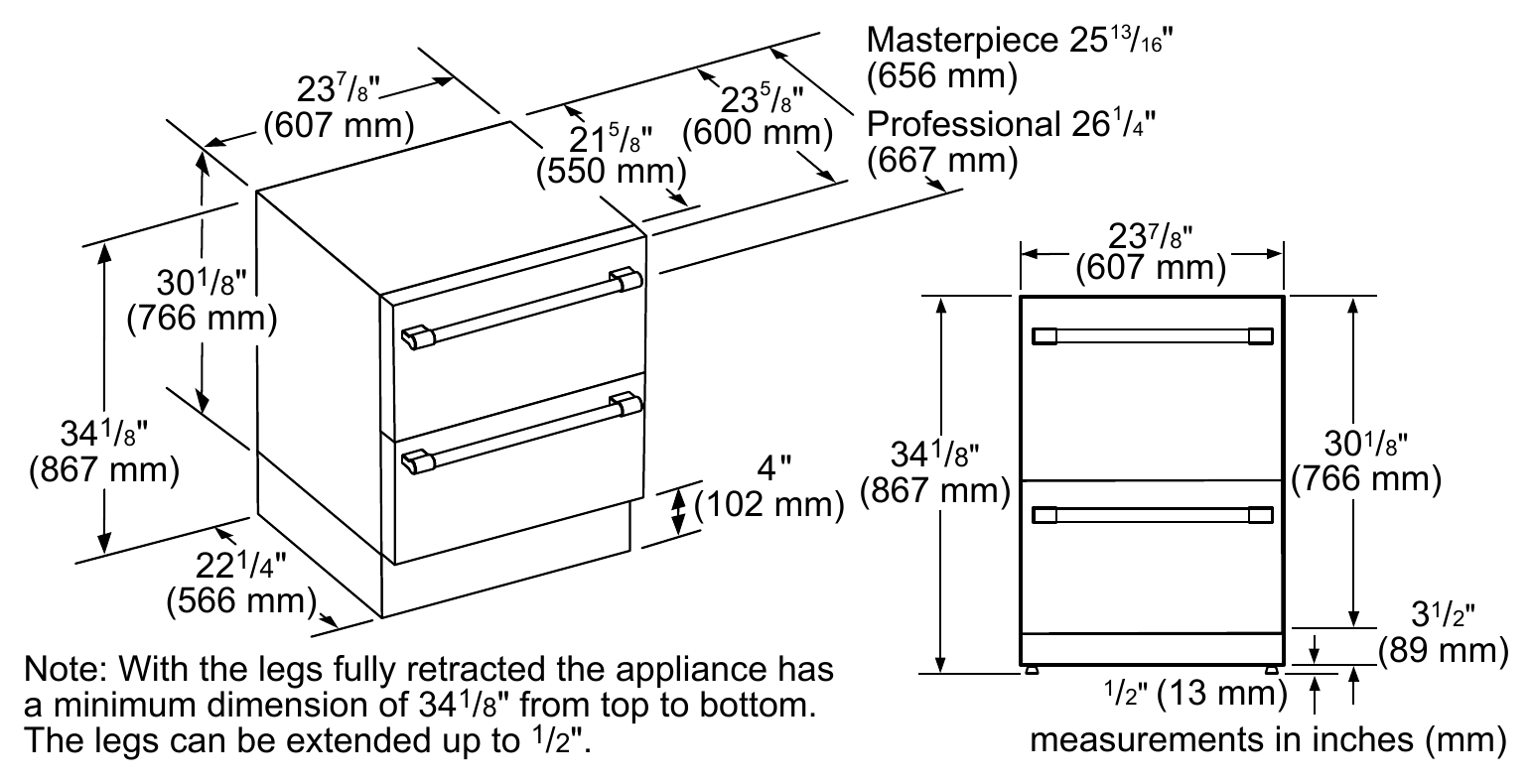 Thermador T24UC905DP dimension drawing with measurements in inches and millimeters