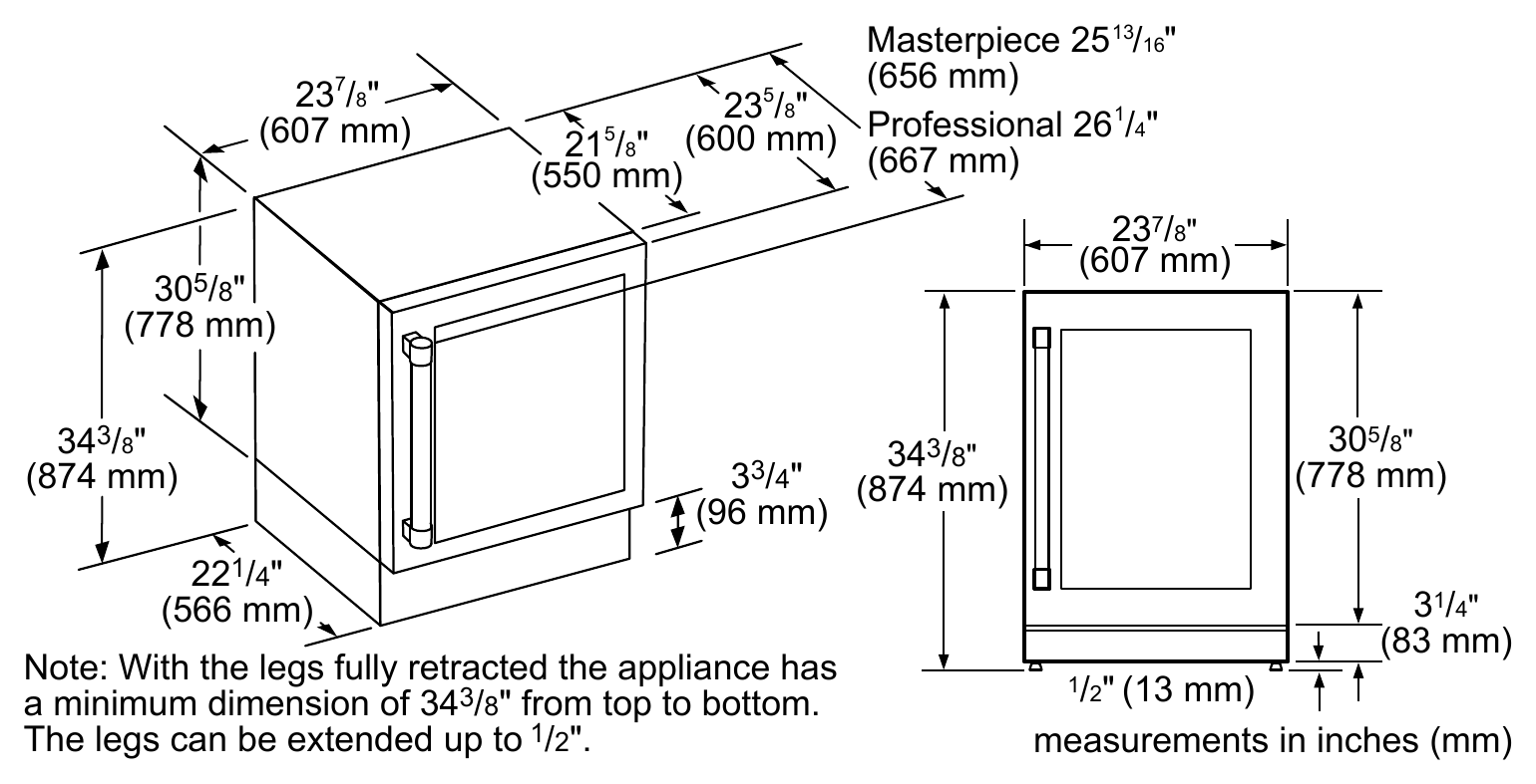 Thermador T24UW925RS dimension drawing with measurements in inches and millimeters
