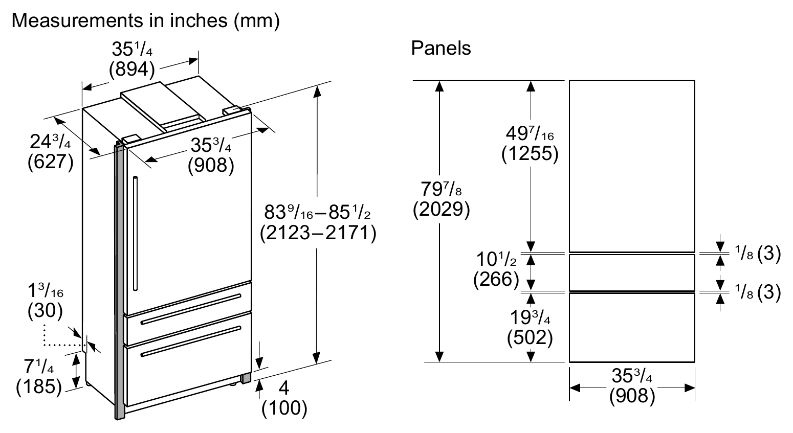 Thermador T36BB110SS dimension drawing with measurements in inches and millimeters