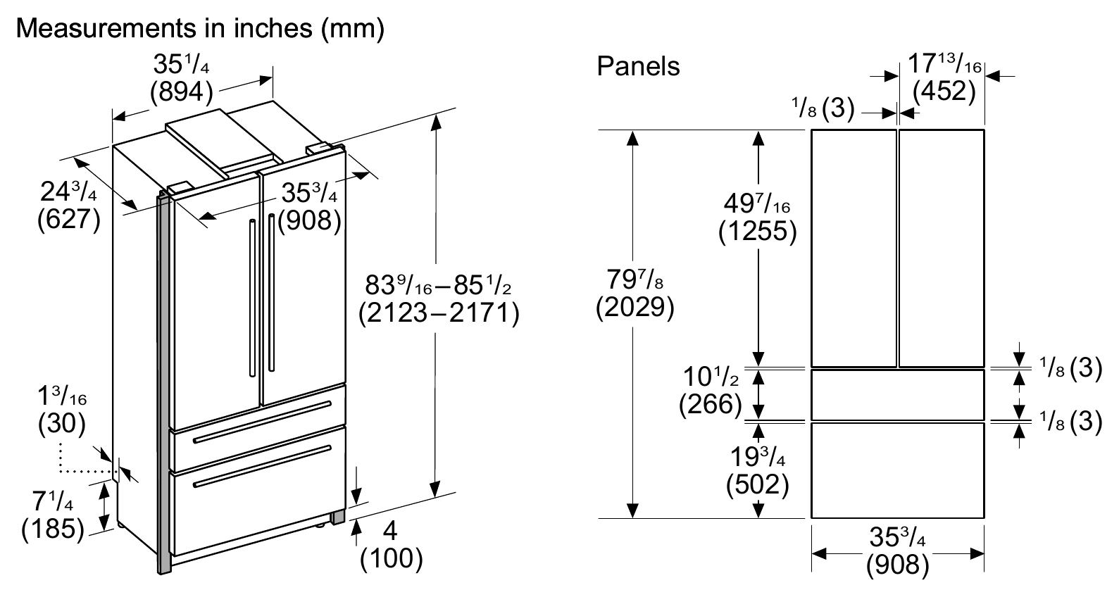 Thermador T36BT110NS dimension drawing with measurements in inches and millimeters
