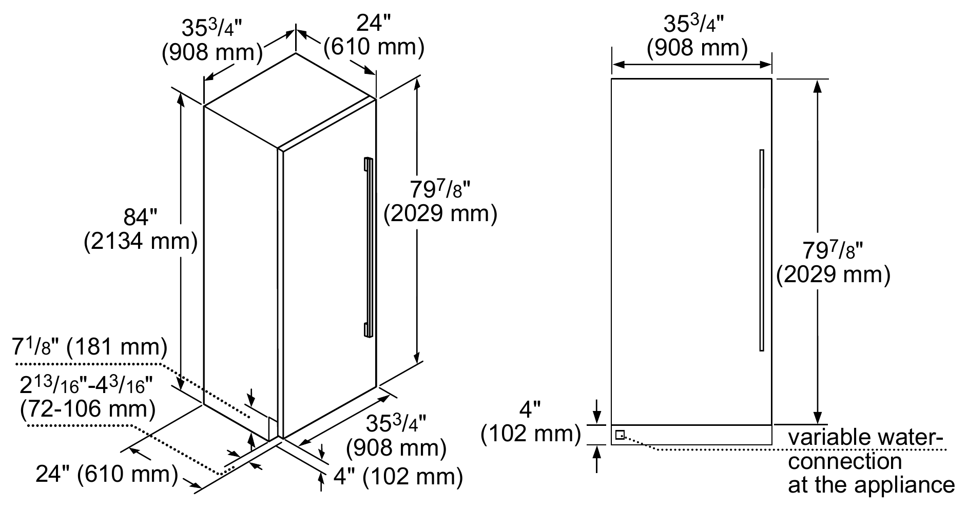 Thermador T36IF905SP dimension drawing with measurements in inches and millimeters