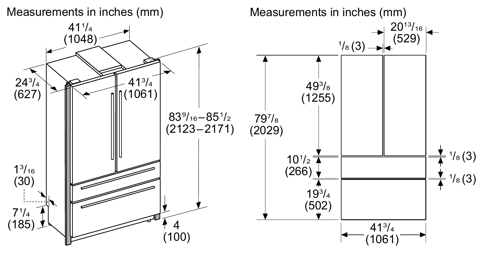 Thermador T42BT110NS dimension drawing with measurements in inches and millimeters
