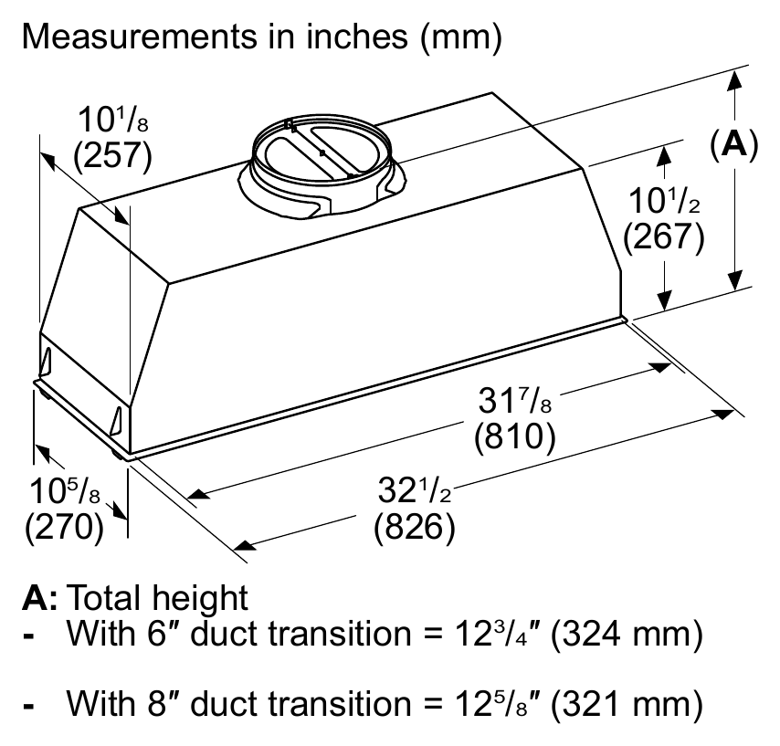 Thermador VCI6B36ZS dimension drawing with measurements in inches and millimeters