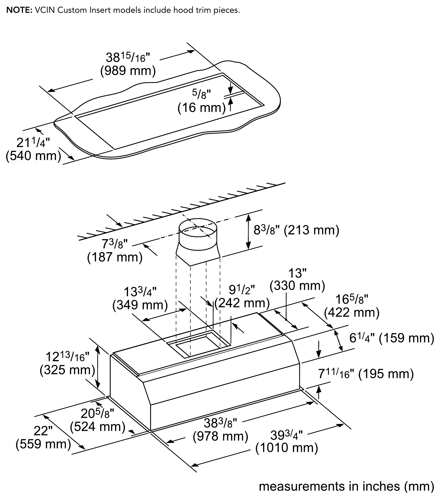 Thermador VCIN42GWS dimension drawing with measurements in inches and millimeters