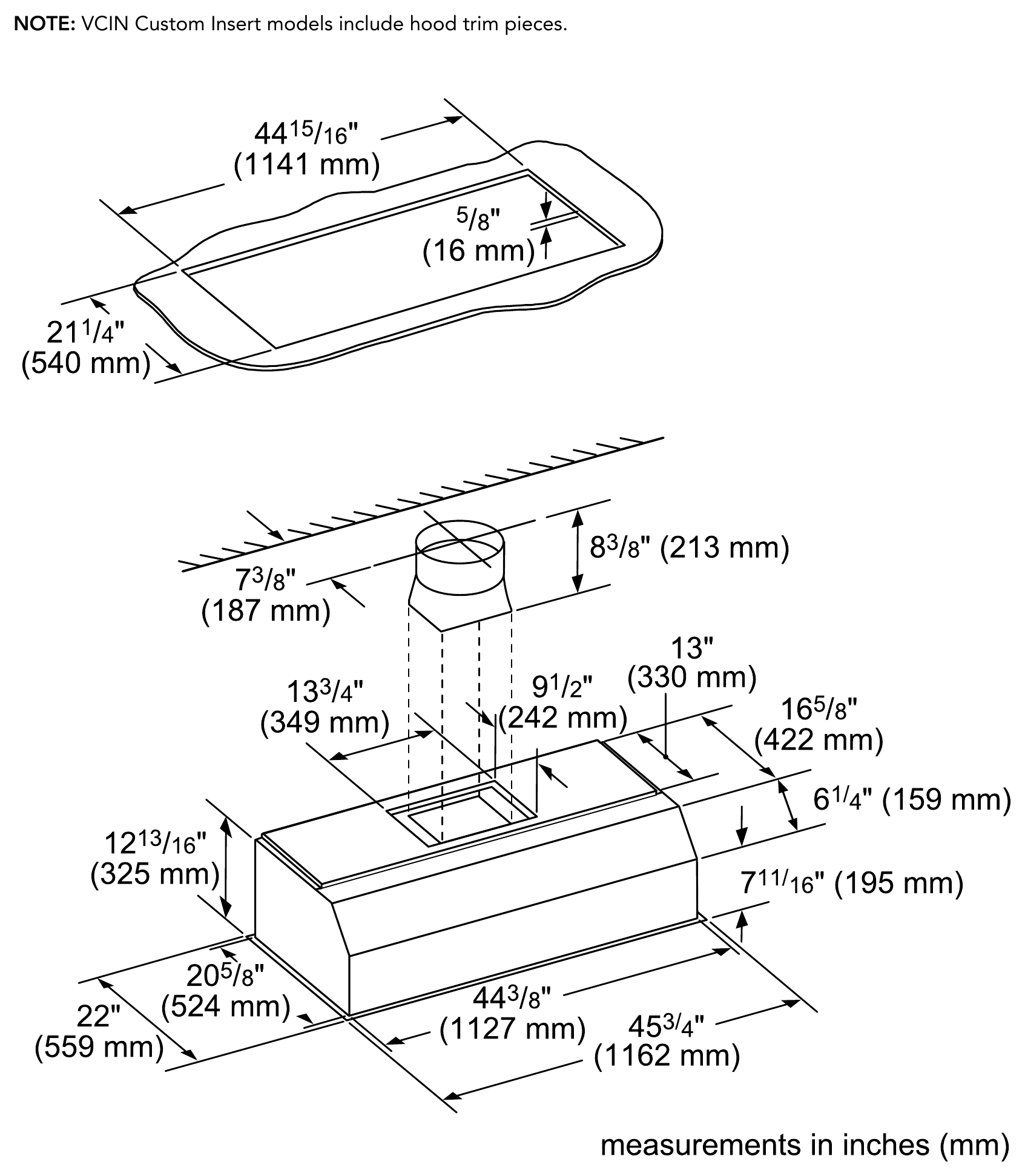Thermador VCIN48GWS dimension drawing with measurements in inches and millimeters