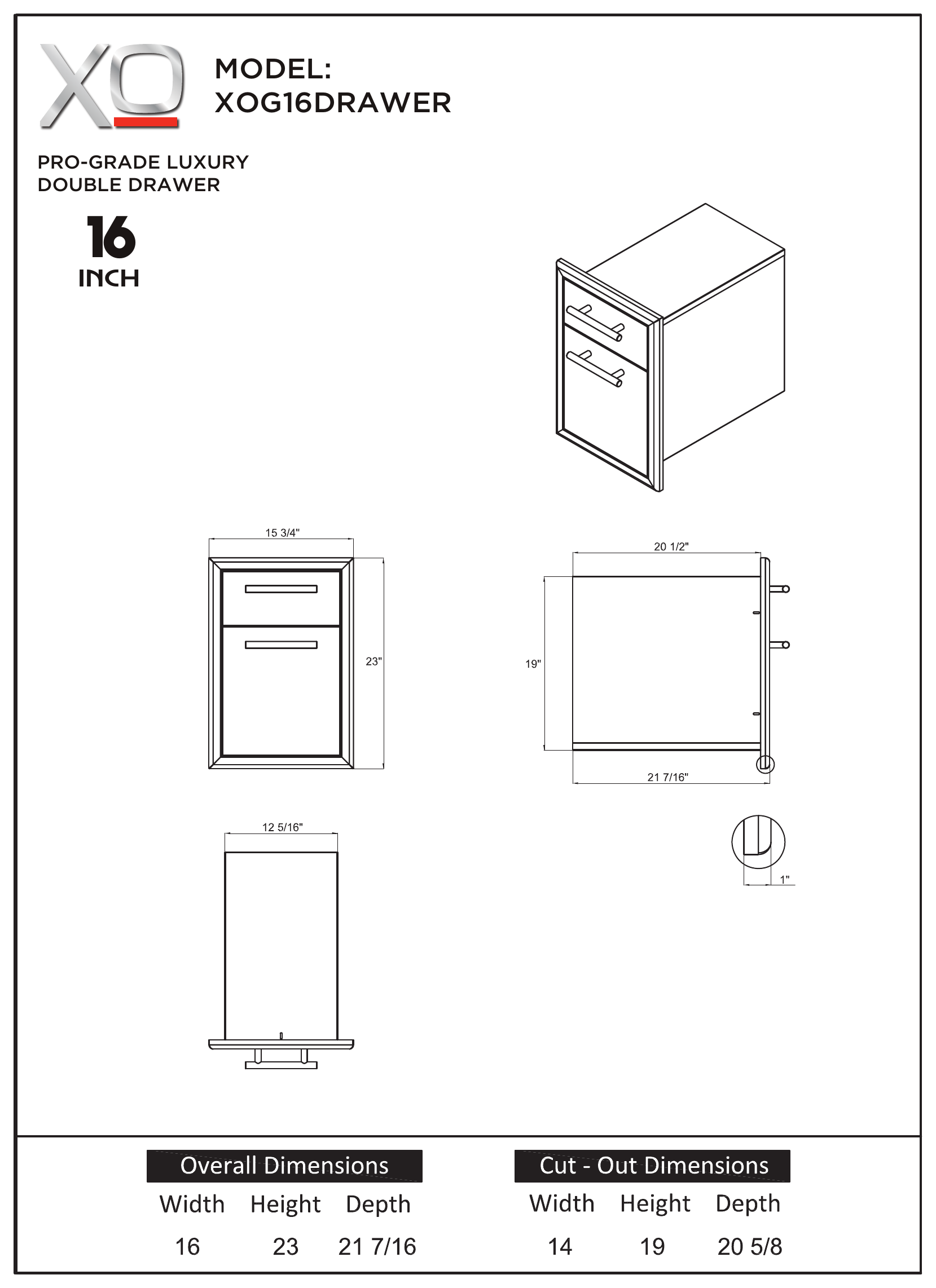XO XOG16DRAWER dimension drawing with measurements in inches