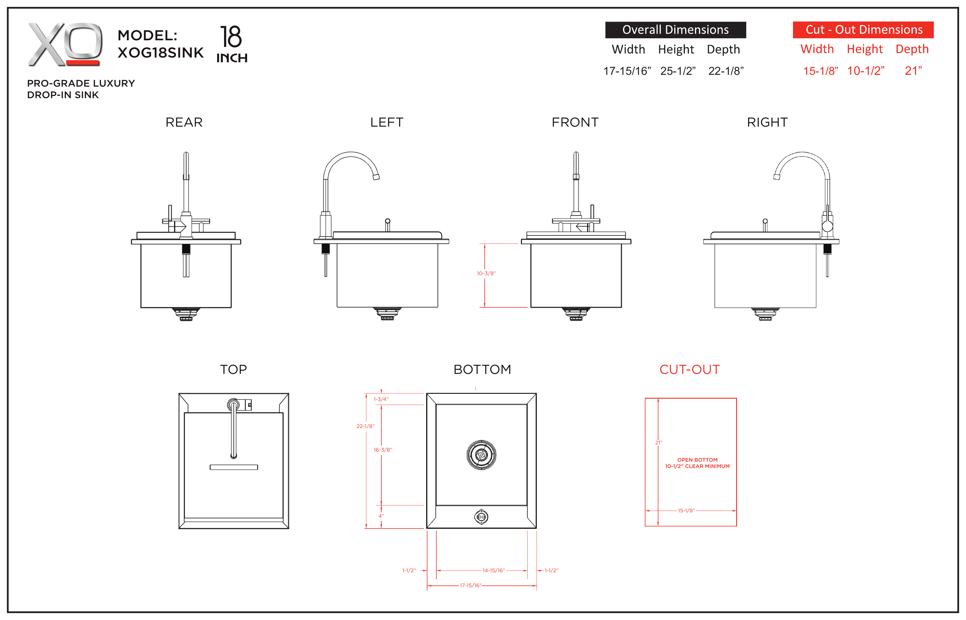XO XOG18SINK dimension drawing with measurements in inches