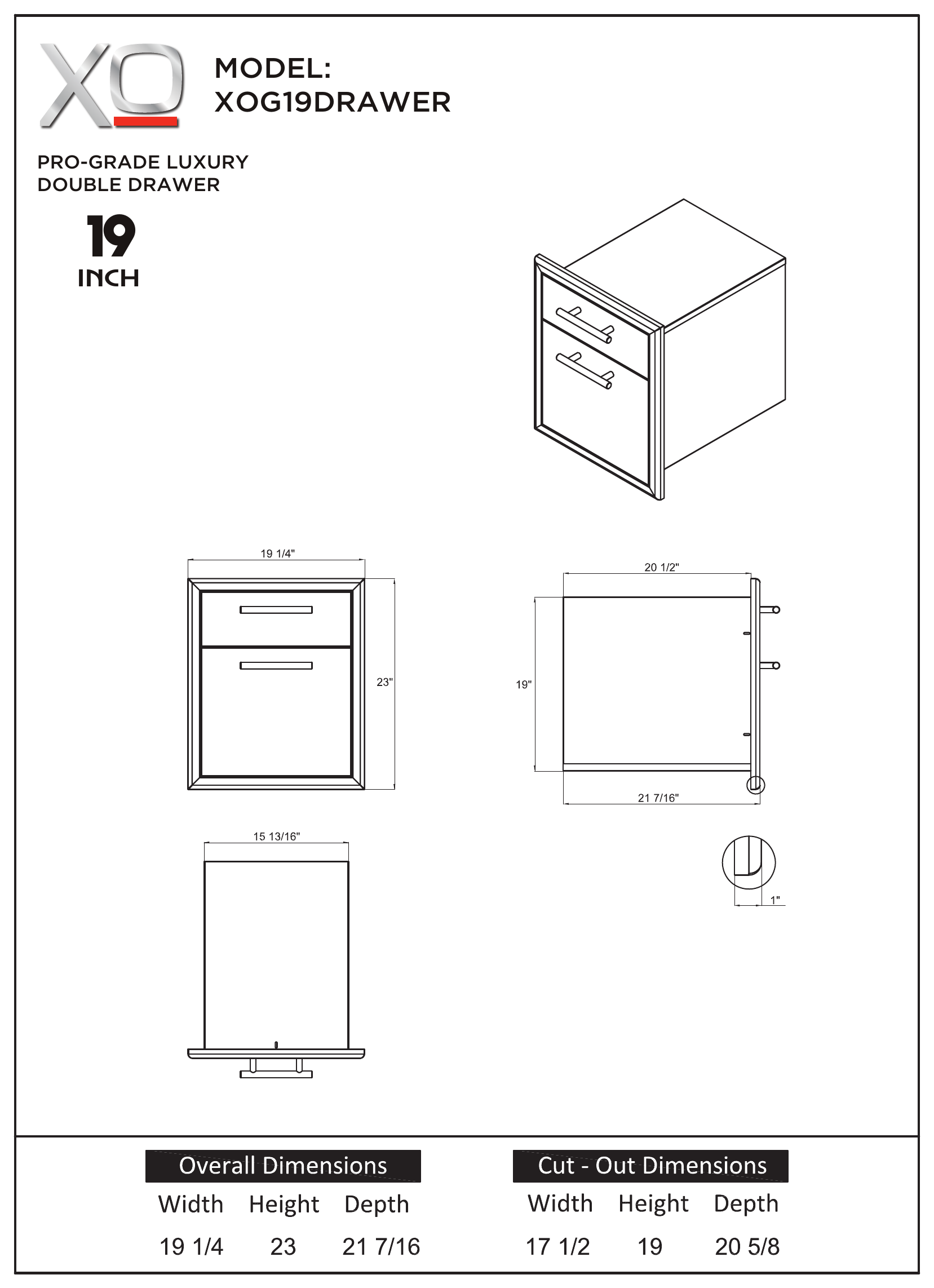 XO XOG19DRAWER dimension drawing with measurements in inches