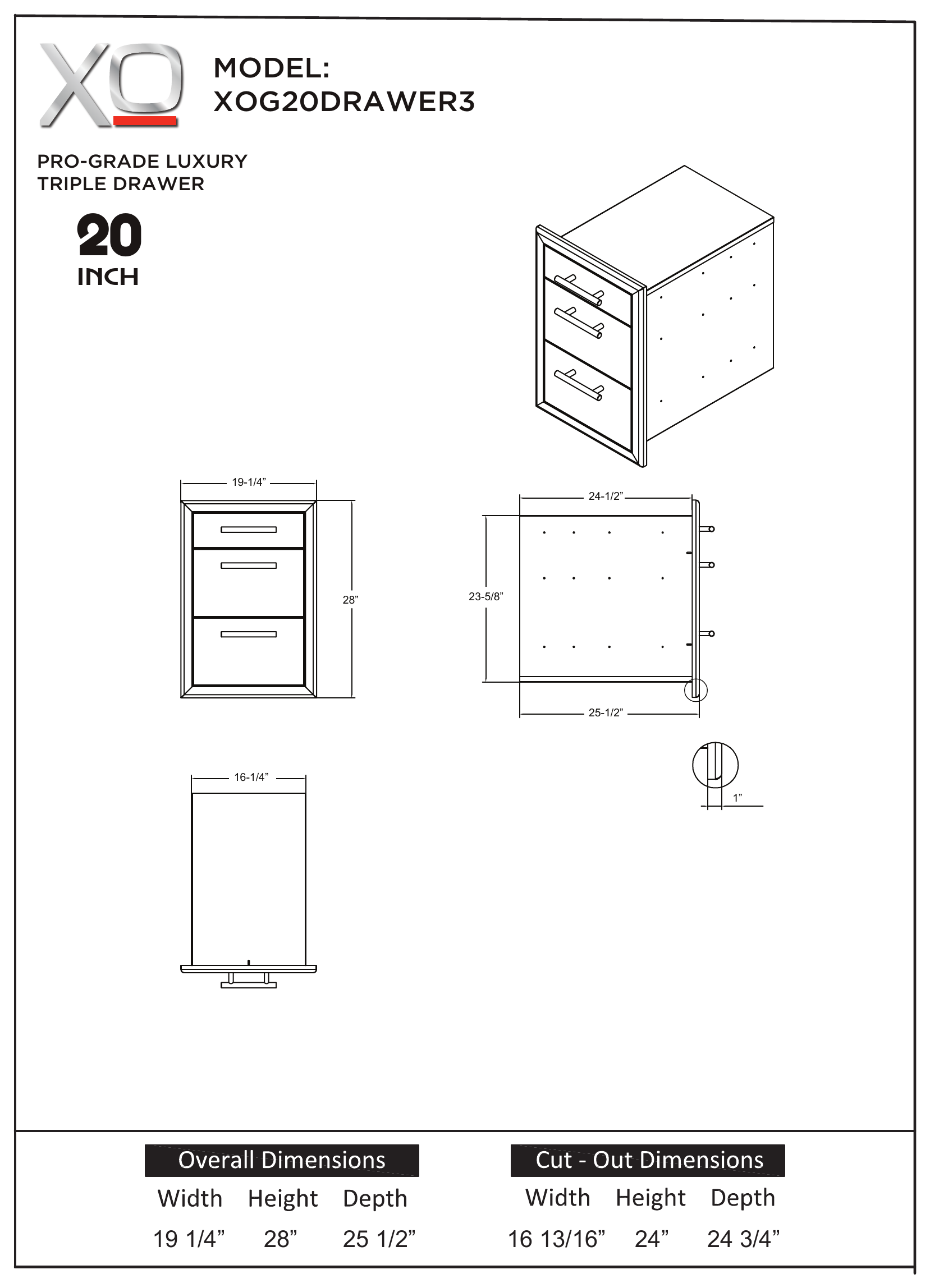 XO XOG20DRAWER3 dimension drawing with measurements in inches